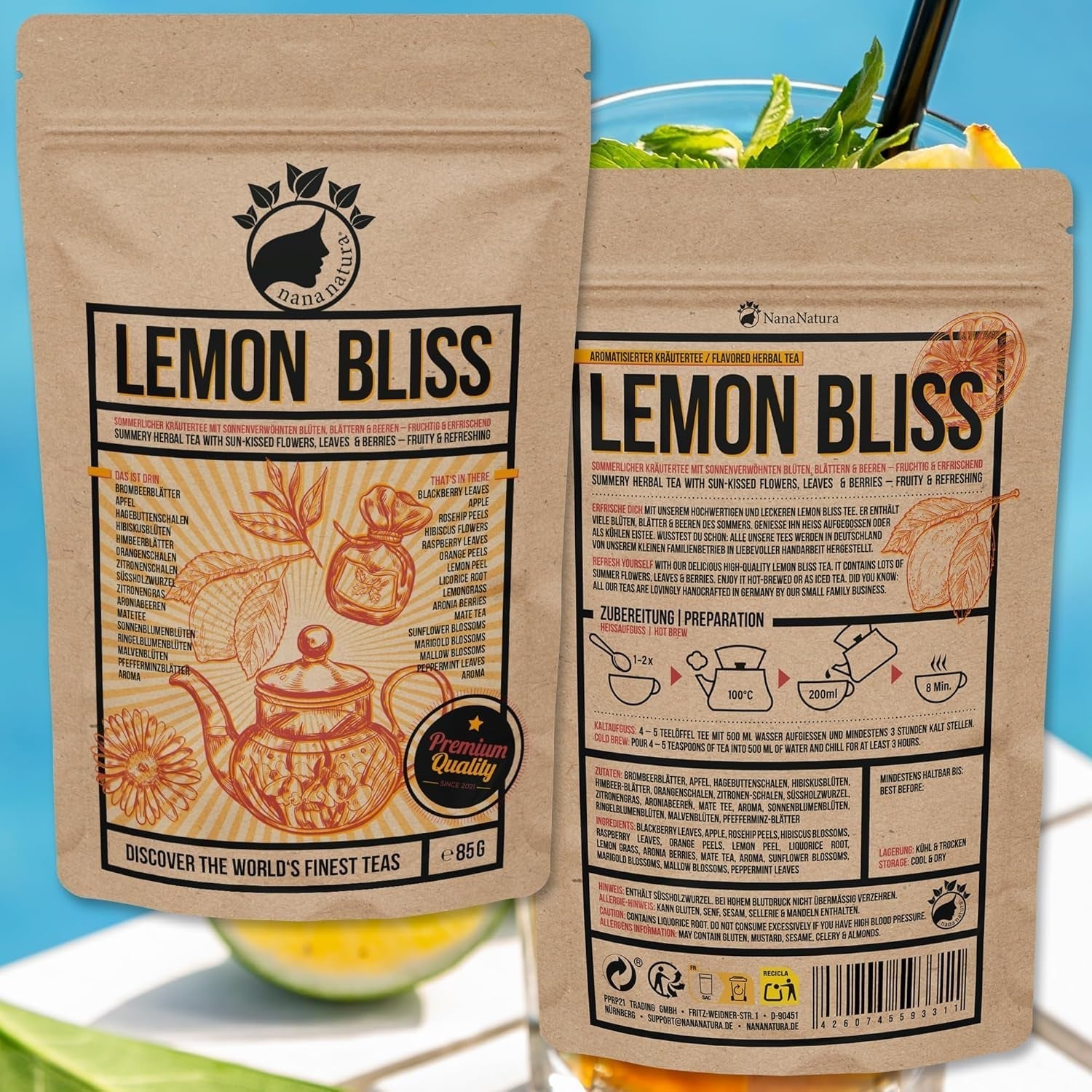 TÈ originale AL LIMONE BLISS di Nananatura 85G | Tisana estiva fruttata e rinfrescante | Come tè freddo, tè freddo o classico caldo | Con fiori, foglie e bacche maturate al sole | Niente zucchero