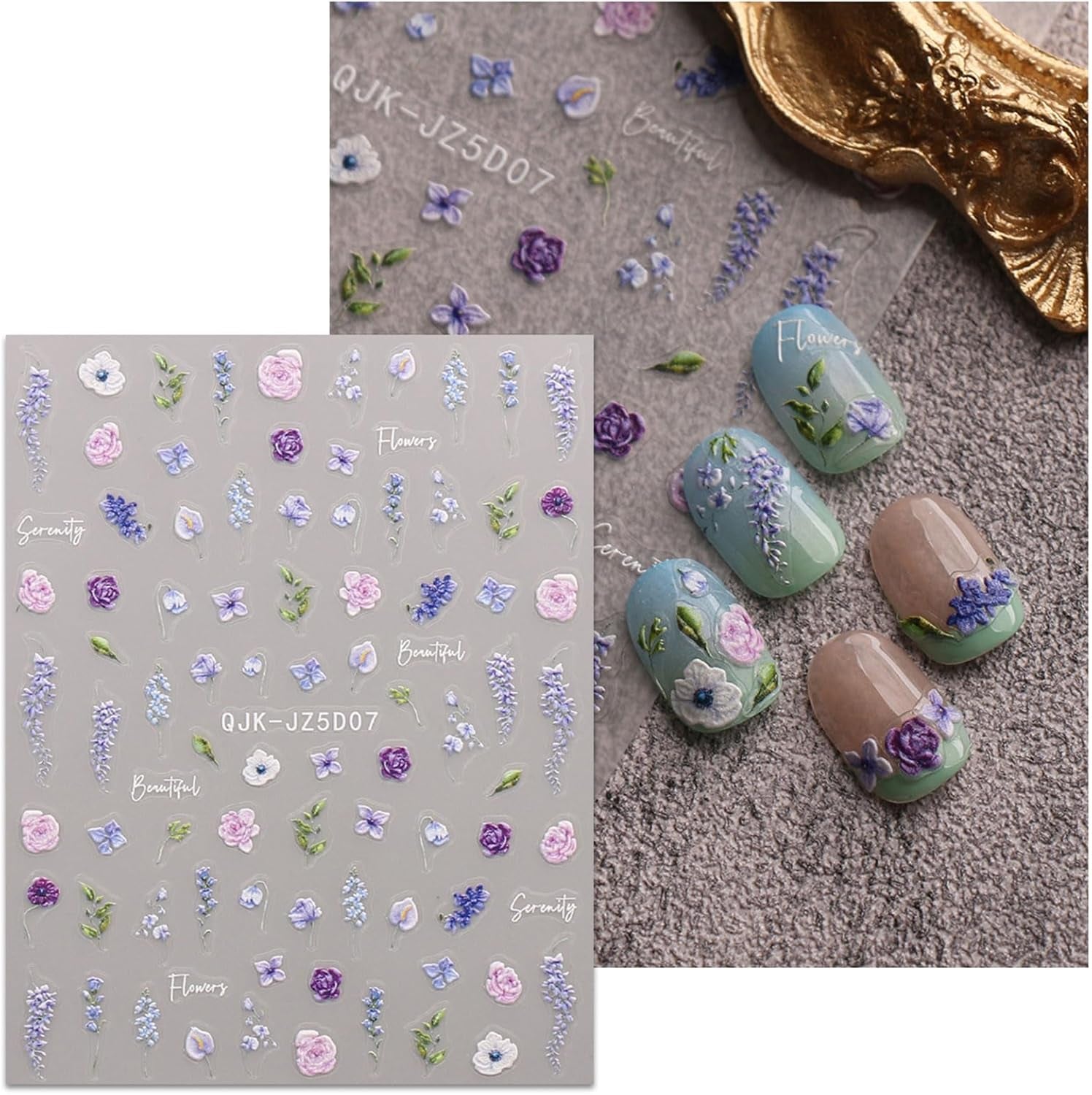 JMEOWIO 3D Nagelsticker Blumen Nail Art Sticker Selbstklebend Nagelaufkleber 5D Stereoscopico Frühling Sommer Blumen Dekoration Nageldesign Zubehör 4 Blatt