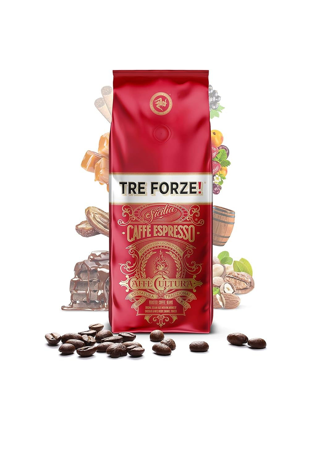 Espresso Caffè - Chicchi di caffè espresso - Tostato tradizionalmente su fuoco di legna d'ulivo, fatto a mano in Sicilia - Chicchi di caffè premium 250 g per macchine da caffè completamente automatiche e macchine portafiltro