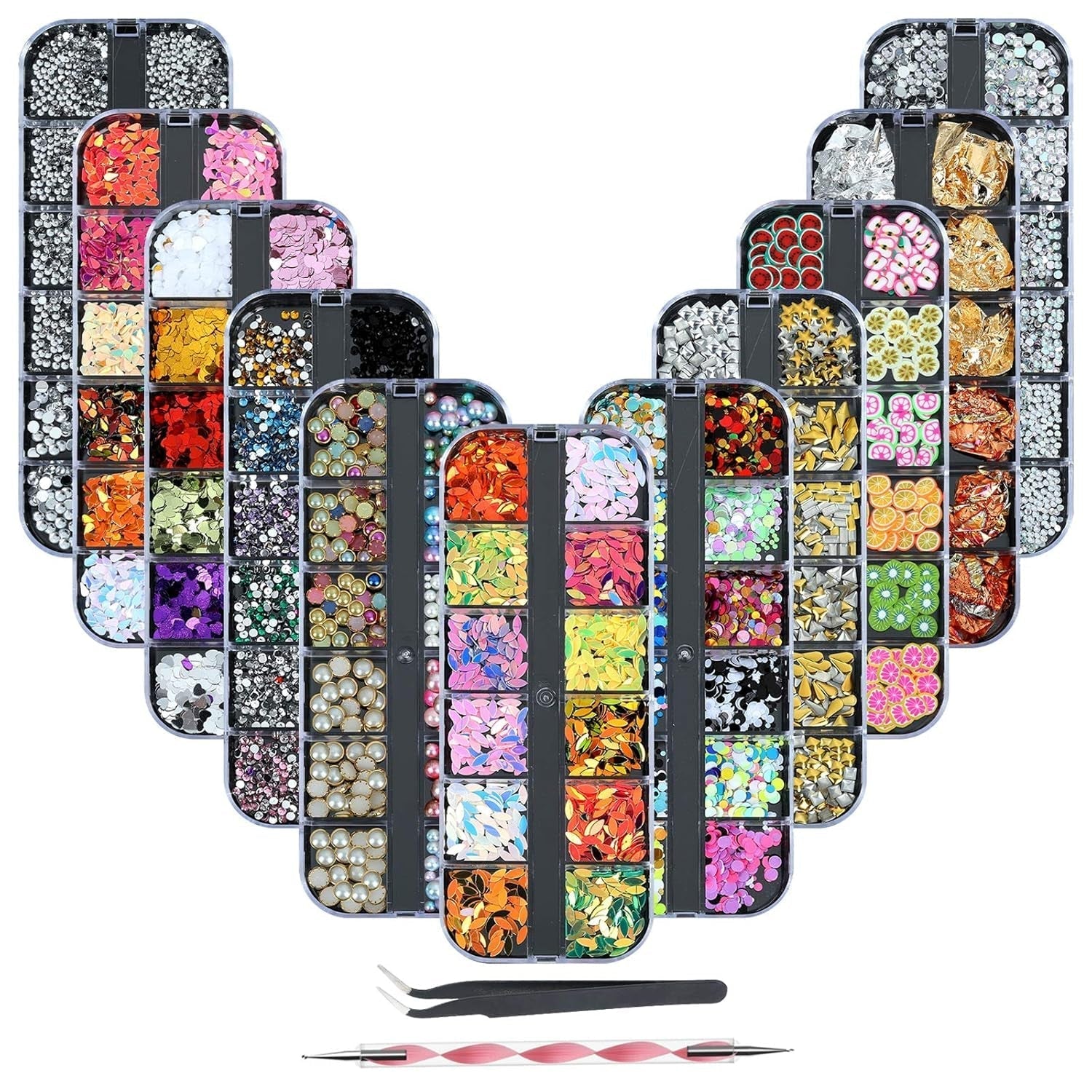 8 Boxen Nail Art Strass Kit - Nail Art Gemischt Strass Set, Nagel Kunst Strasssteine ​​​​Gems Perlen Edelsteine ​​​​Bunt Pferdeaugen Strass Für Nageldesign Zubehör Con 1 Pinzetten e 1 Strass Picker Für DIY