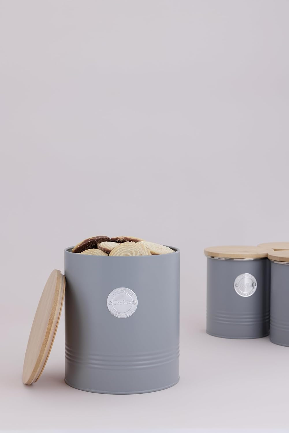 Collezione LIVING, biscottiera con coperchio | grigio pastello | Scatola per biscotti da 3,4 litri | barattolo di biscotti in acciaio con coperchio | Barattoli ermetici in bambù con coperchio Scatole per alimenti Naty Shop