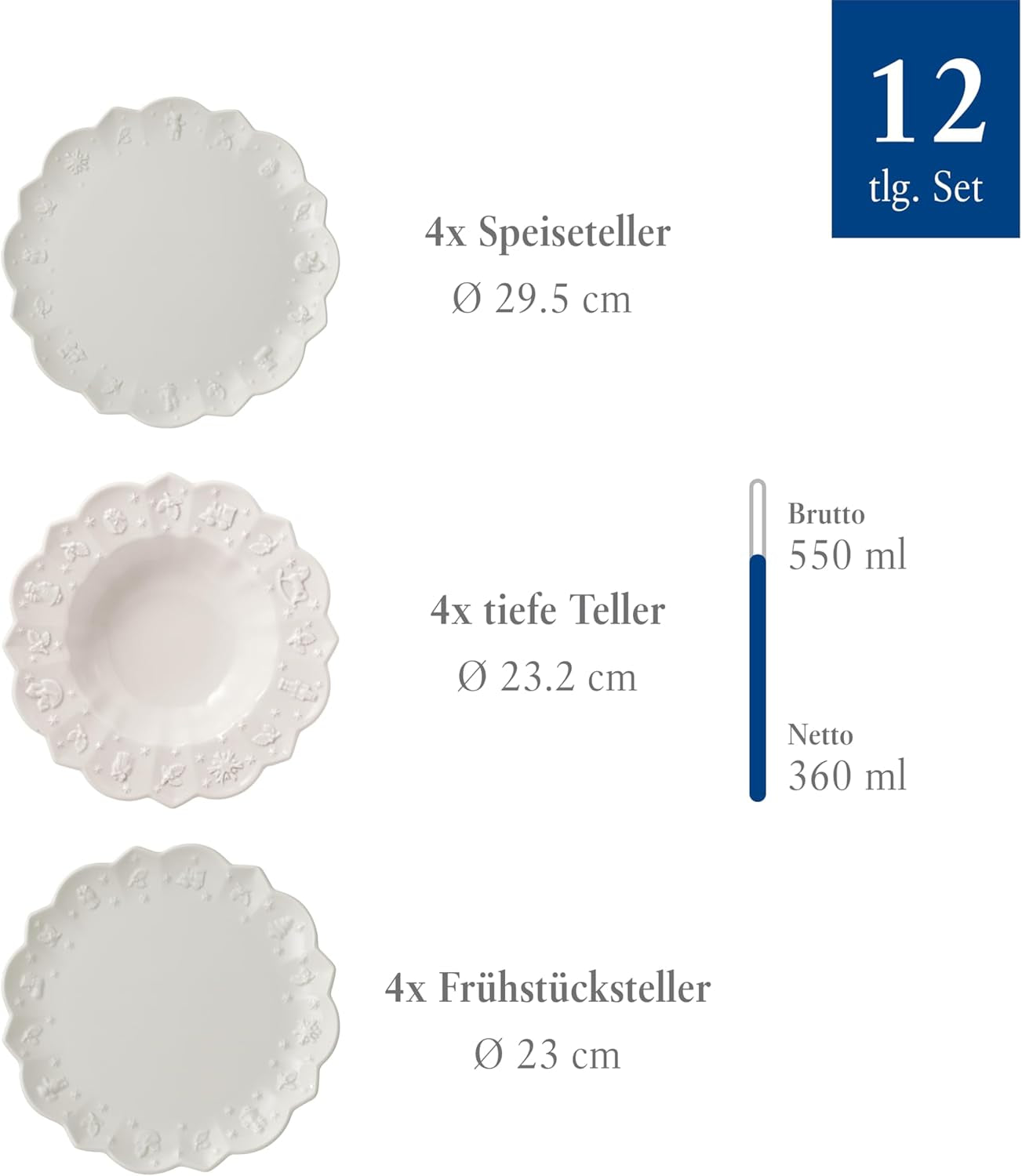 Villeroy & Boch Toy's Delight Royal Classic Servizio Piatti 12 Pezzi, Lavabile in Lavastoviglie e Utilizzabile nel Microonde, Bianco, Piatti, Servizio Piatti per 4 Persone, Stoviglie di Natale, Giocattoli, Porcellana Premium