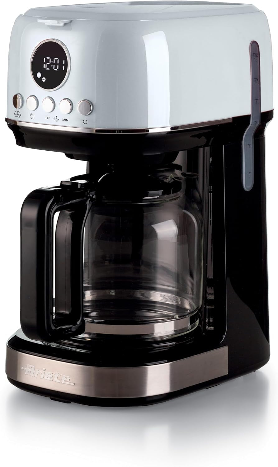 Ariete Moderna 1396 Macchina per caffè espresso con filtro per preparare caffè americano Fino a 15 tazze Caraffa in vetro Piastra riscaldante Display LCD Filtri rimovibili e lavabili Bianco