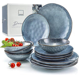 SANGER | Set di stoviglie Darwin da 12 pezzi, set di stoviglie in gres per 4 persone, set di stoviglie blu comprensivo di piatti piani, piatti da dessert e piatti fondi, set di stoviglie fatto a mano | LA COLLEZIONE PREMIUM