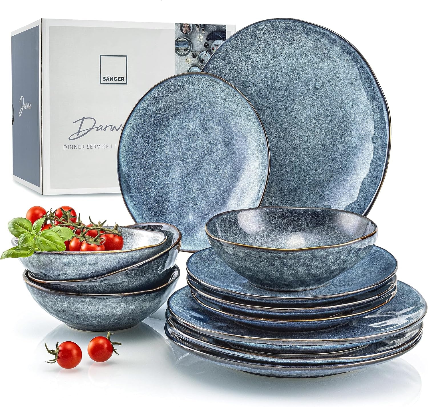 SANGER | Set di stoviglie Darwin da 12 pezzi, set di stoviglie in gres per 4 persone, set di stoviglie blu comprensivo di piatti piani, piatti da dessert e piatti fondi, set di stoviglie fatto a mano | LA COLLEZIONE PREMIUM