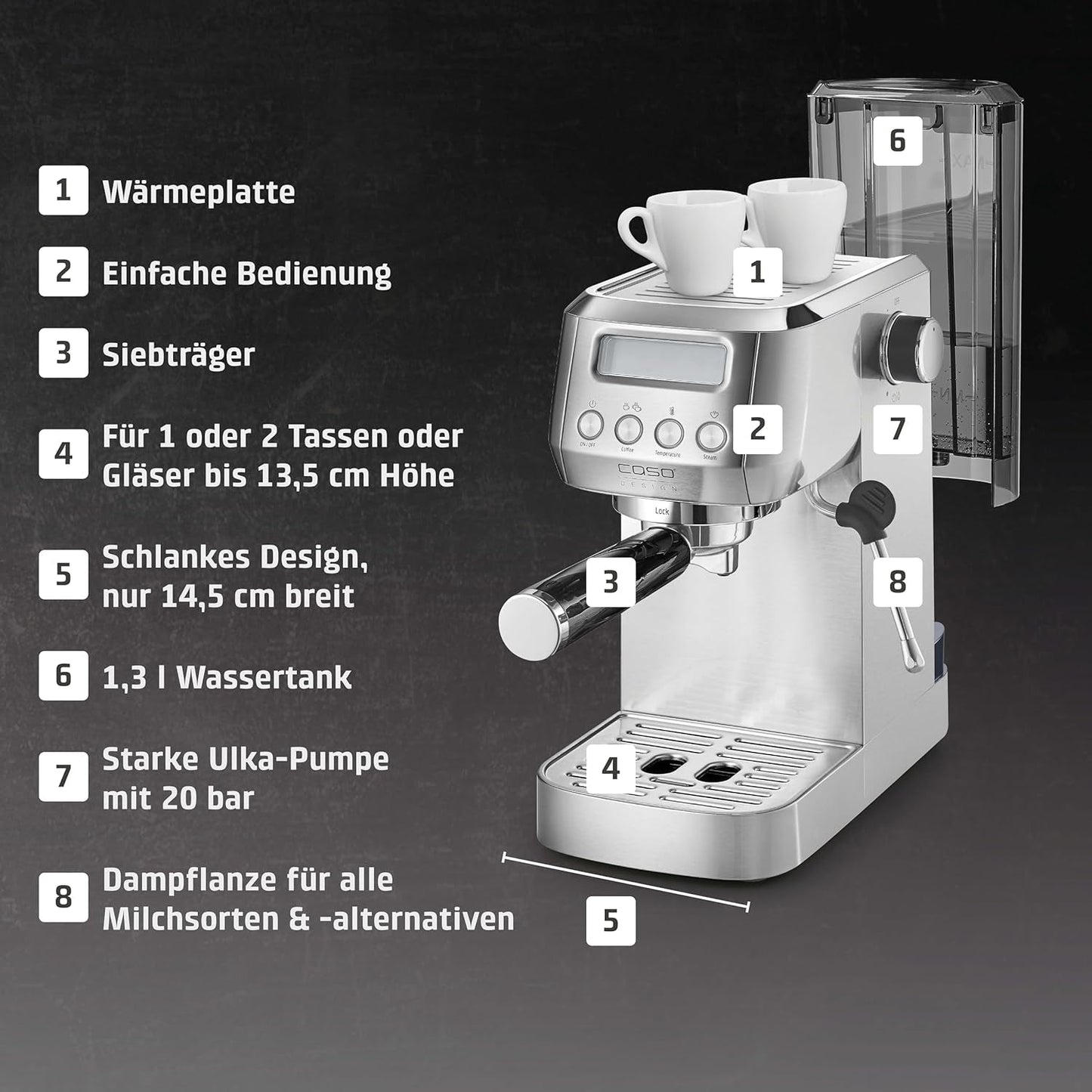 CASO EspressoGourmet Crema - Macchina per caffè espresso portafiltro con montalatte, espresso, cappuccino, portafiltro in acciaio inossidabile, pompa ULKA 20 bar, macchina da caffè, caffè macinato, capsule ESE