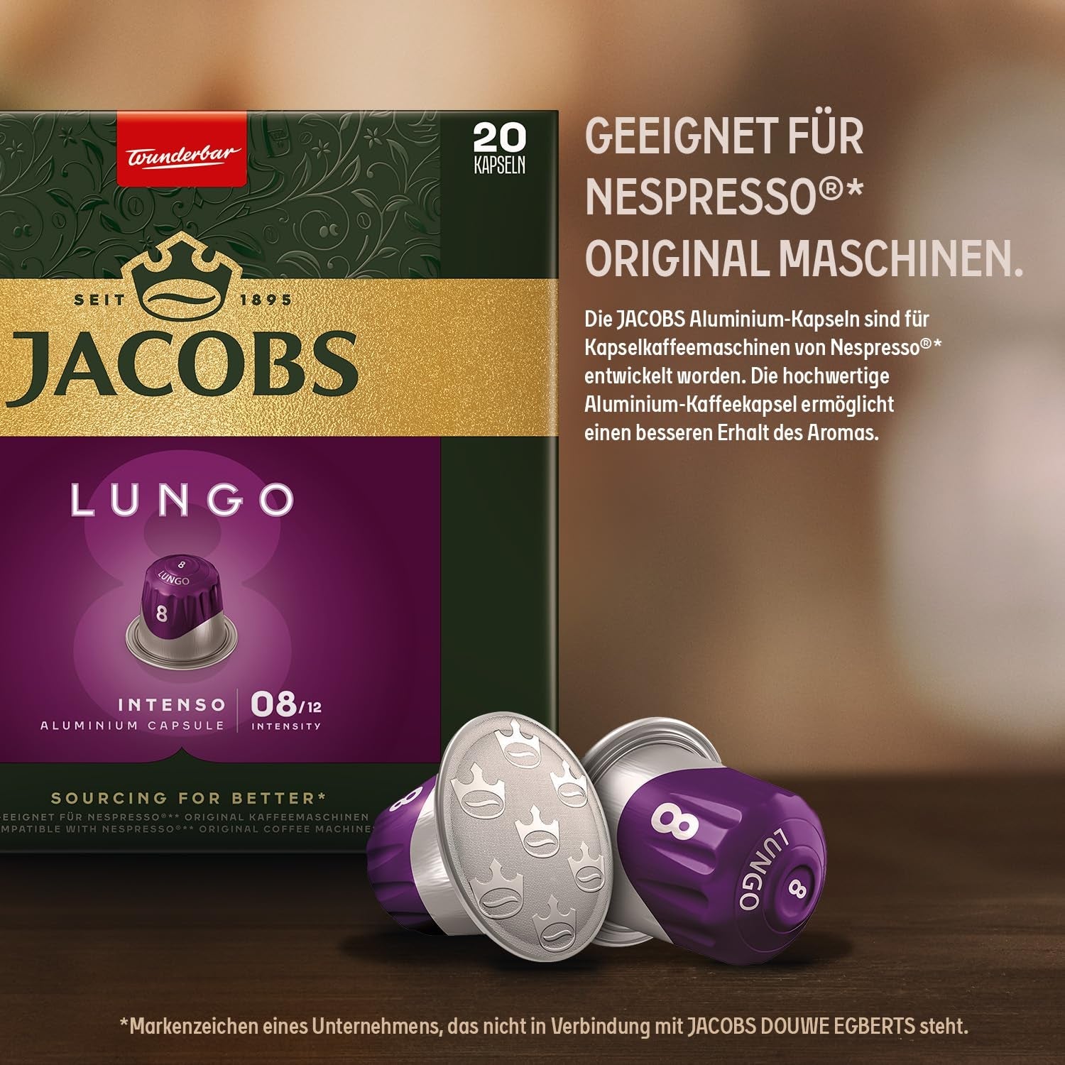 Jacobs Kaffeekapseln Lungo Intenso, Intensität 8/12, 10 x 20 Getränke, Nespresso* compatibile Kaffee Kapseln, 200 Kapseln
