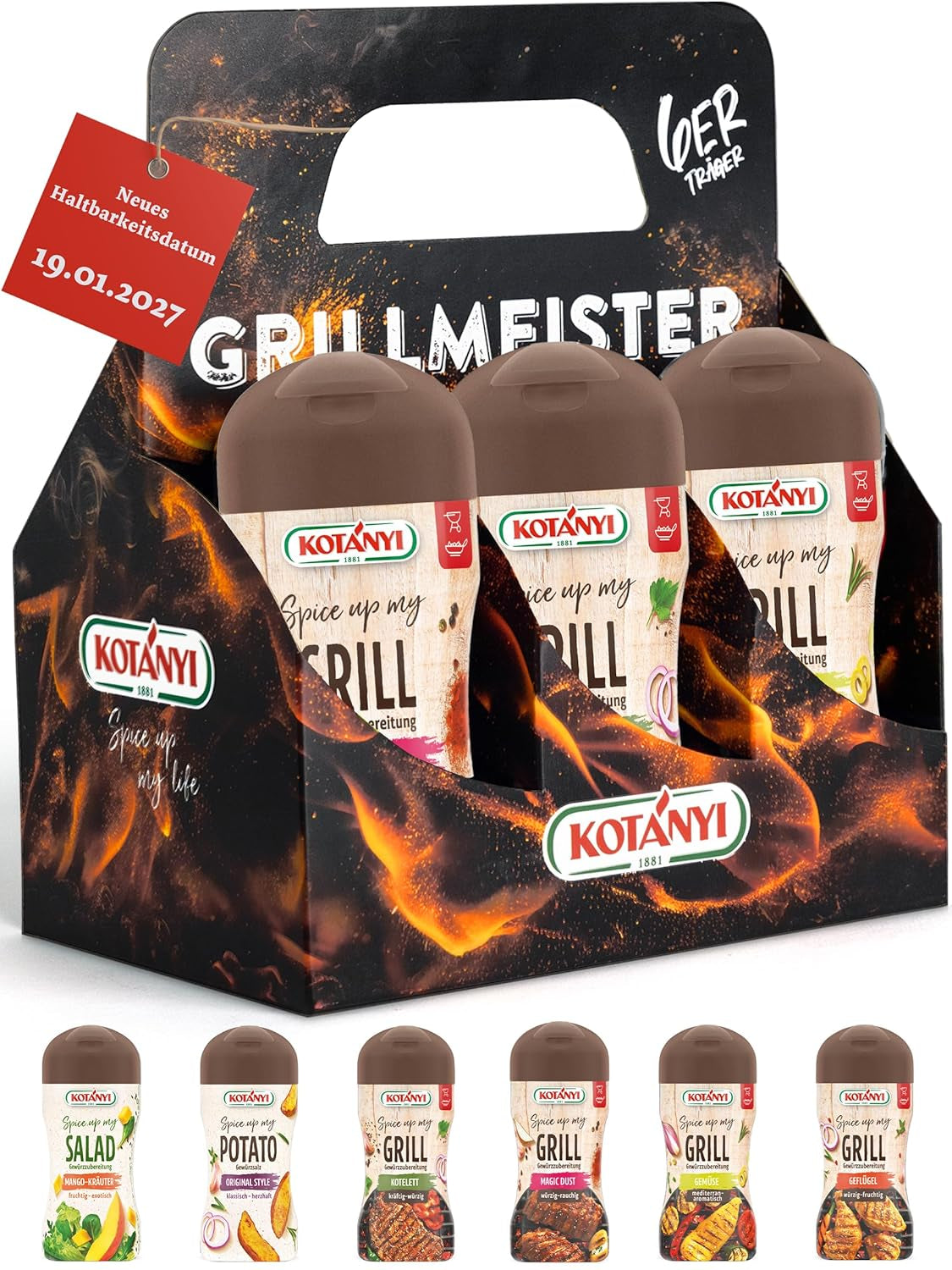 KOTÁNYI Set regalo spezie per griglia - 6er Carrier - Regali per uomo - Grill Zubehör & Spice Set für jedes BBQ - Grill Zubehör inkl. Polvere magica - [Jetzt Geburtstagschenken für Männer bestellen!]