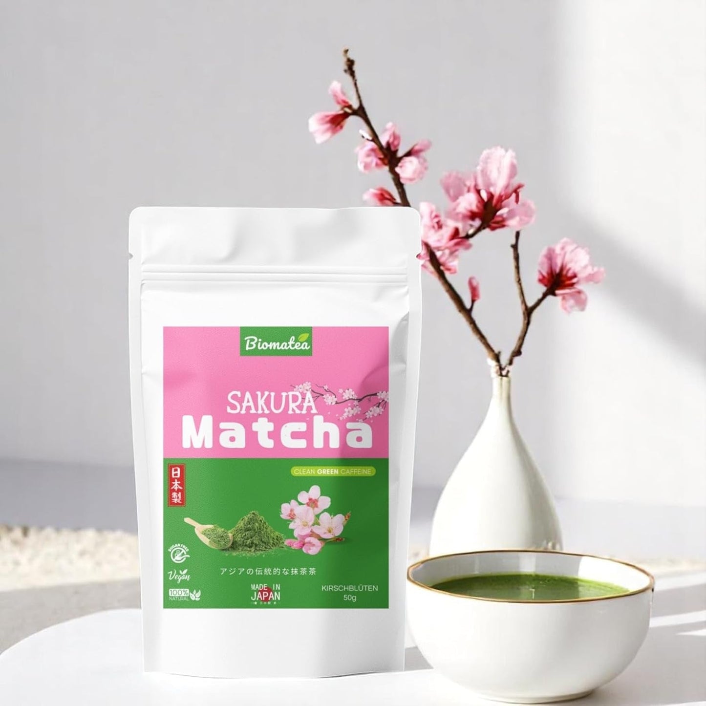 Tè Matcha Sakura 50g - Grado cerimoniale dal Giappone - Tè verde premium con polvere di fiori di Sakura - Primo raccolto, macinato a pietra, vegano, senza additivi