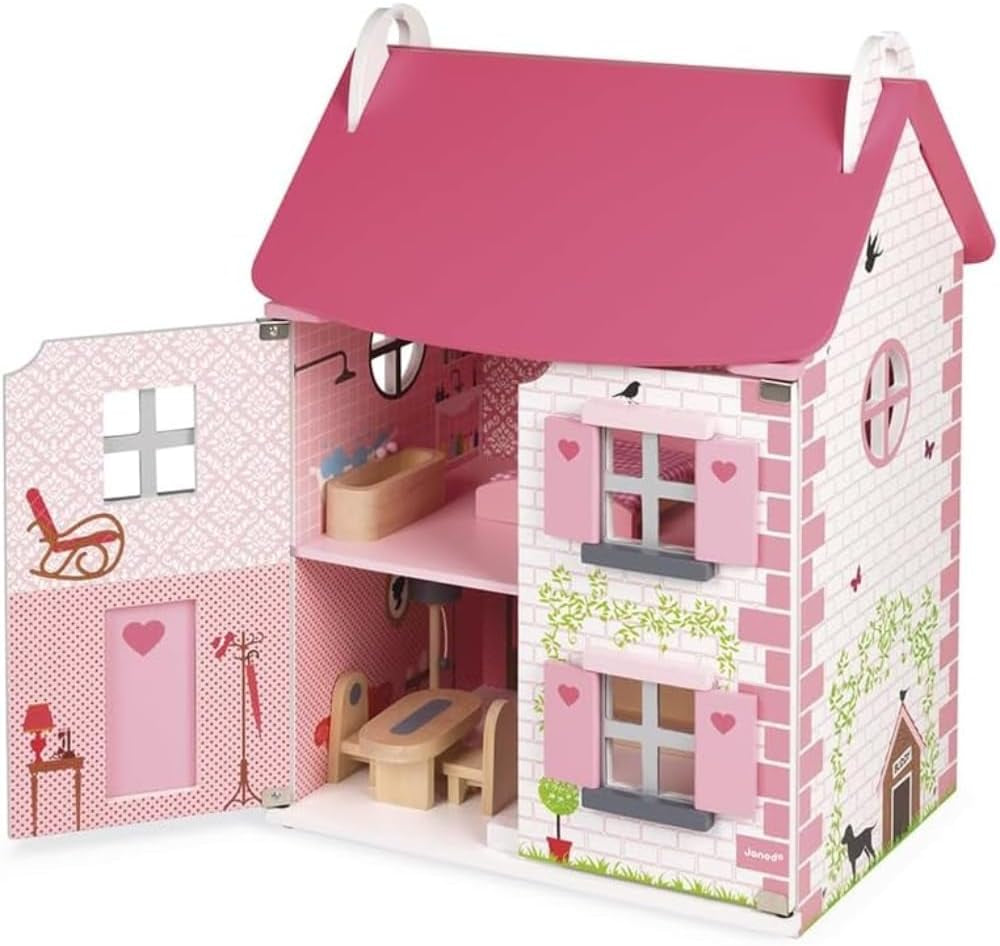 Janod Mademoiselle Casa delle bambole in legno a 3 piani con 11 accessori, giocattolo replica, sviluppa l'immaginazione, dai 3 anni in su, J06581