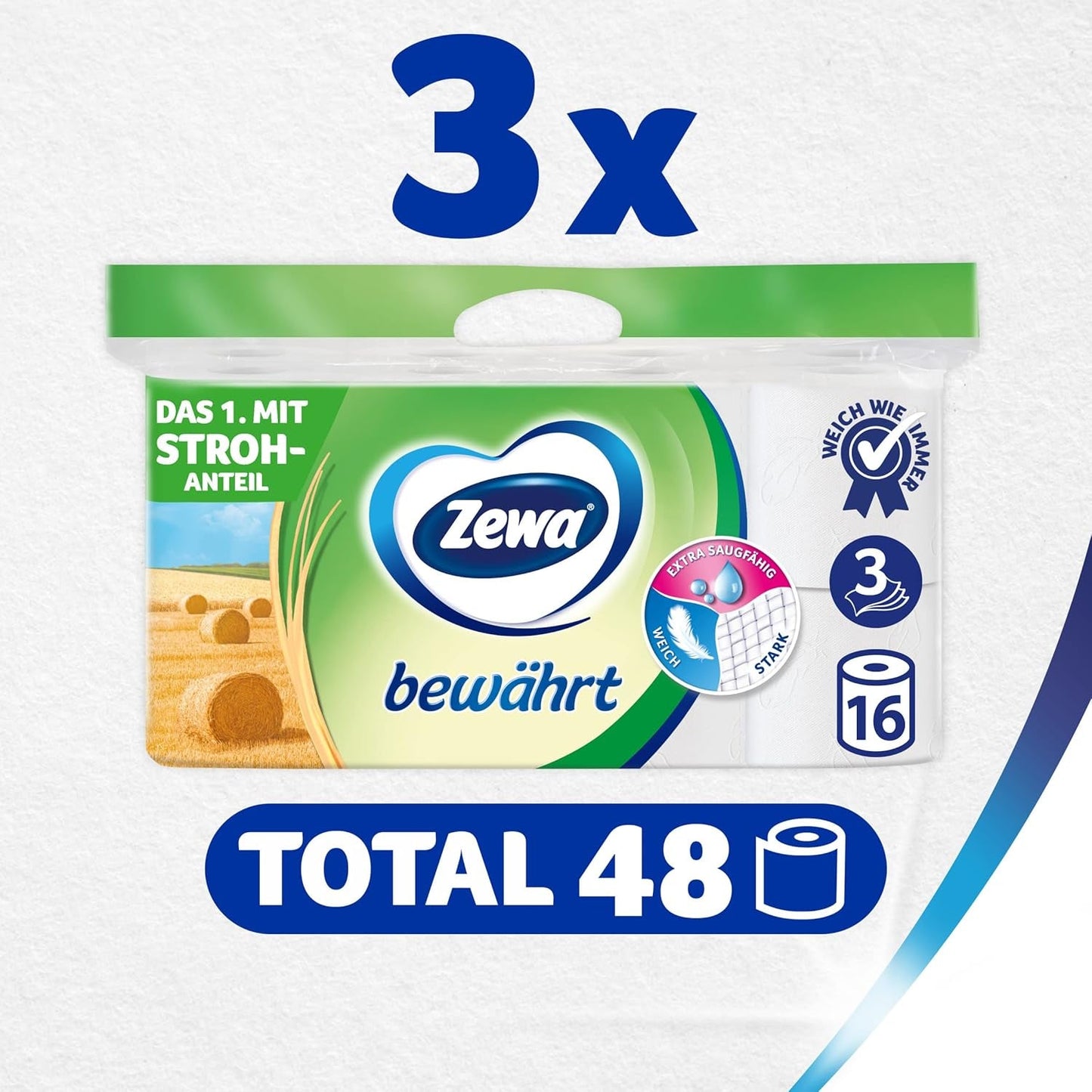 Zewa Proven - 48 rotoli - La prima carta igienica con contenuto di paglia - 3 strati