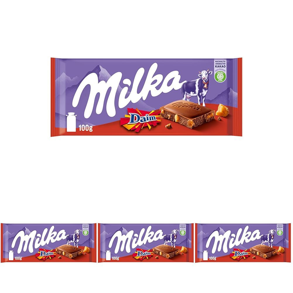 & Daim 1 x 100 g I Cioccolato al latte alpino I con pezzi di caramello e mandorle I Cioccolato al latte alpino 100% I Tavoletta di cioccolato con Daim (confezione da 4)