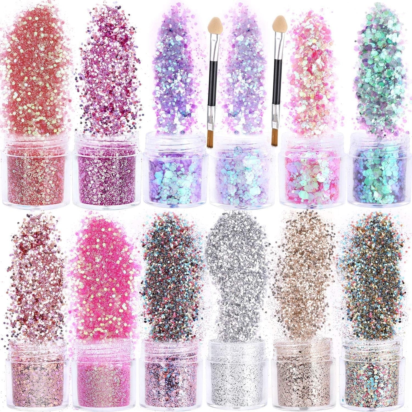 Howaf 12 scatole glitter per unghie viso corpo pennello glitter trucco glitter per unghie occhi labbra capelli decorazione del corpo Halloween Natale Festival mascherata accessori per il trucco