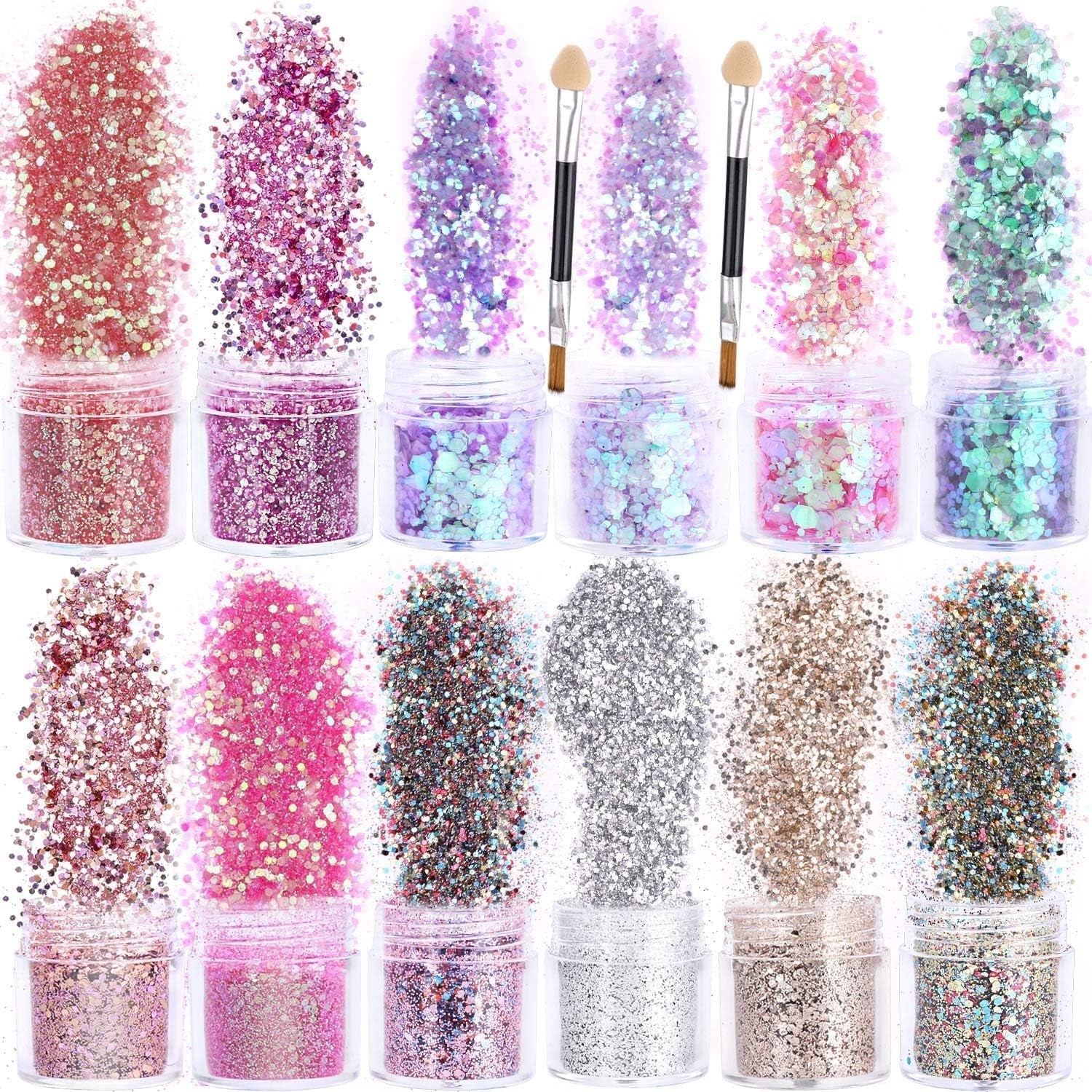 Howaf 12 scatole glitter per unghie viso corpo pennello glitter trucco glitter per unghie occhi labbra capelli decorazione del corpo Halloween Natale Festival mascherata accessori per il trucco