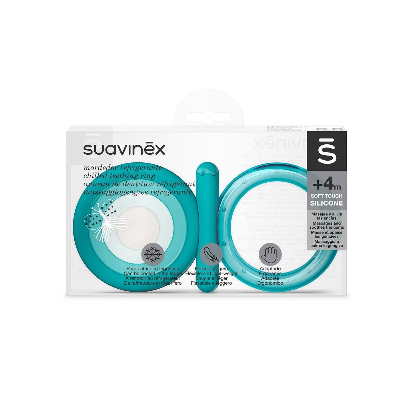 Suavinex Baby Massaggiagengive in silicone + 4 mesi di massaggiagengive blu a farfalla morbido e leggero