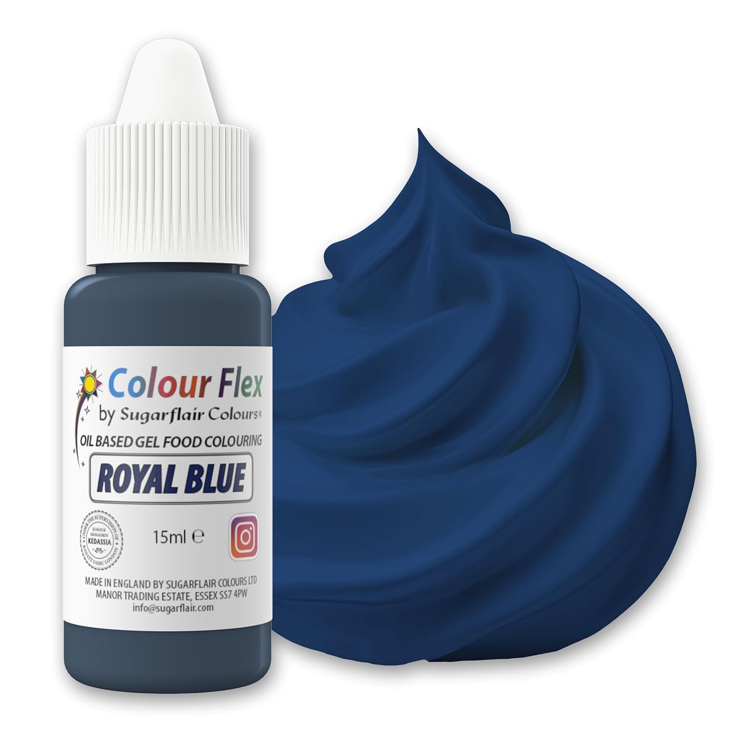 Sugarflair Colourflex Colorante alimentare a base di olio, Blu reale, Colorante alimentare liquido altamente concentrato, Colorante alimentare per crema al burro, cioccolato, pasta, fondente, glassa e altro - 15 ml