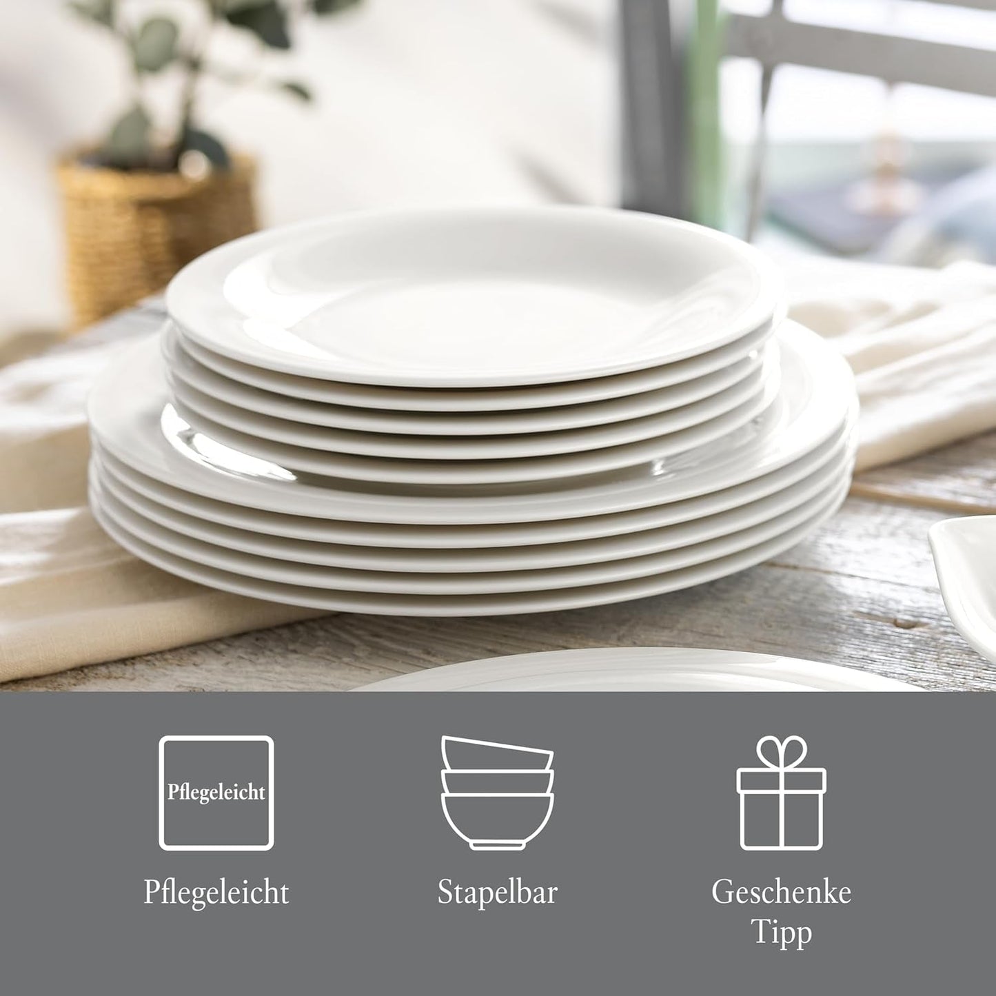 vivo - Villeroy & Boch Group – Servizio Piatti Essential Bianco 18 tlg. Weiß, Spülmaschinenfest, Mikrowellensicher, Geschirr Set für 6 Personen, Müslischalen, Speiseteller, Dessertteller, Premium Porzellan