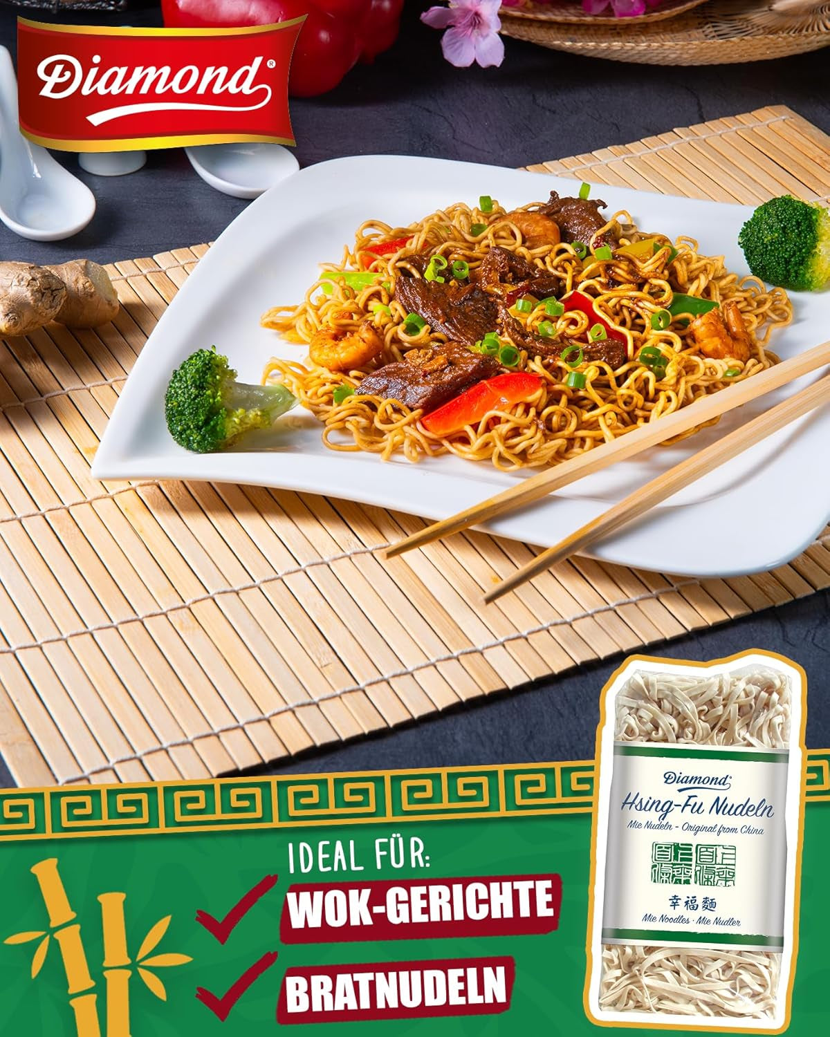 DIAMOND Hsing-Fu Noodles, Mie Asian farina di grano per piatti wok e fritti nel wok - 12 x 250 g