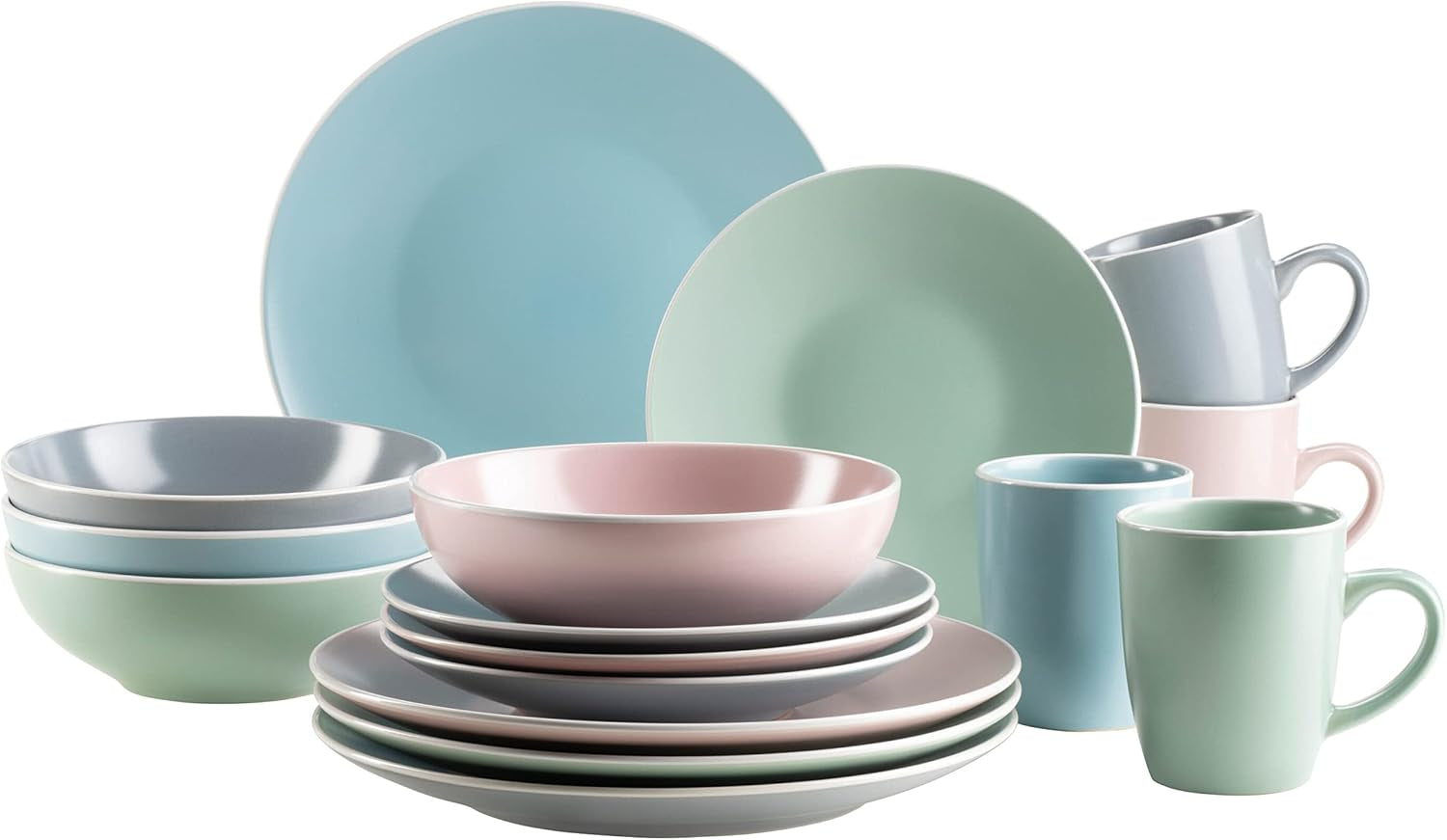 MÄSER 934006 Serie Elissa, Set di stoviglie moderne per 4 in smalti colorati opachi con bordo bianco, set combinato da 16 pezzi, gres, multicolore, grigio, turchese, rosa, verde