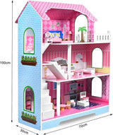 HENGMEI Puppenhaus Kinder Holz Puppenvilla Dollhouse Set Mädchen Spielset 3 Etagen Haus mit Möbeln und Zubehör, 70x30x100cm Puppenhäuser für Kinder (Tipo B)