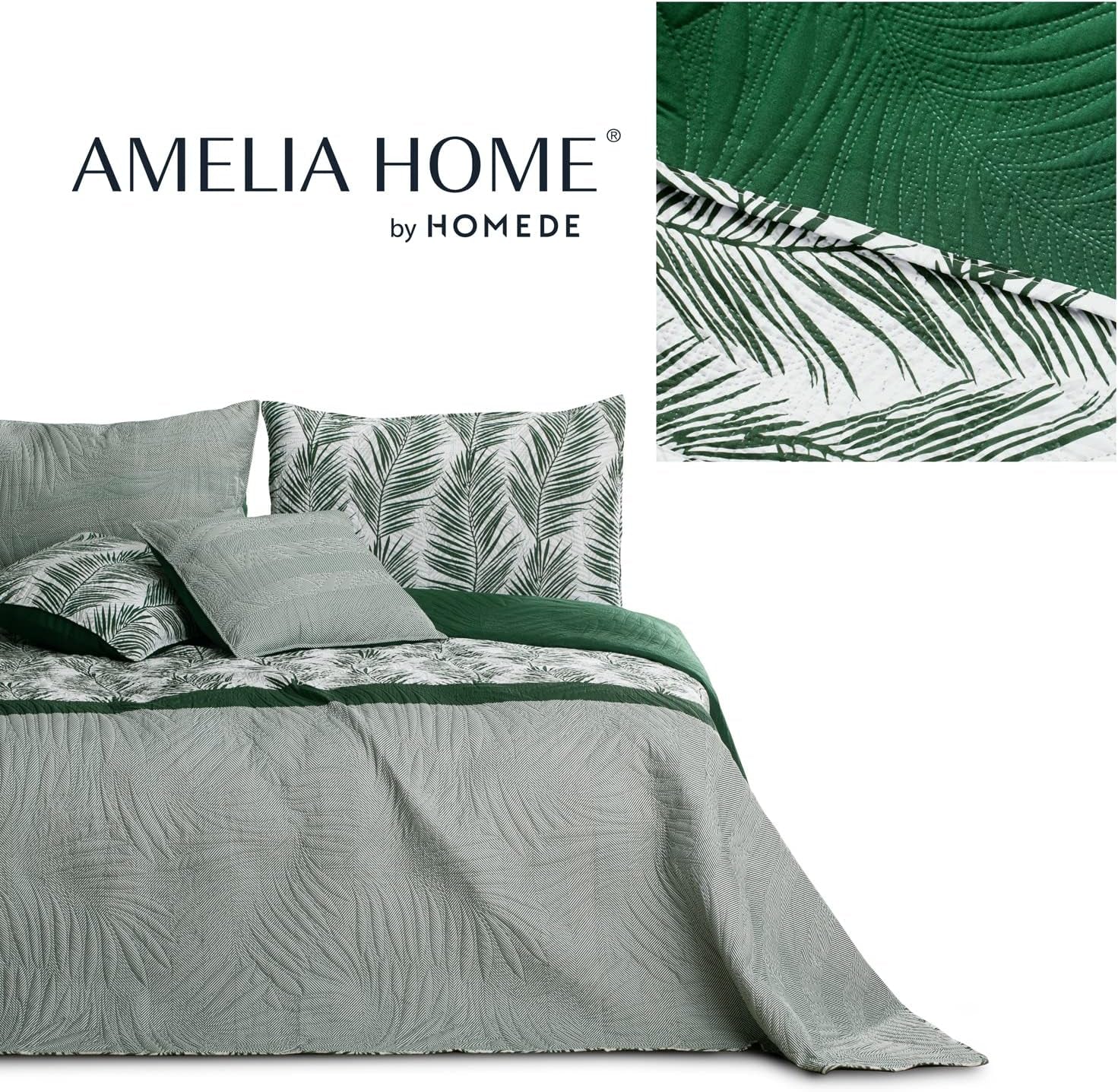 Ameliahome Copriletto Copriletto 170X210 Cm Double Face Copriletto Di Facile Cura Motivo Vegetale Verde Bianco Tropicale Bonaire Letti e coperte Besuche den AmeliaHome-Store