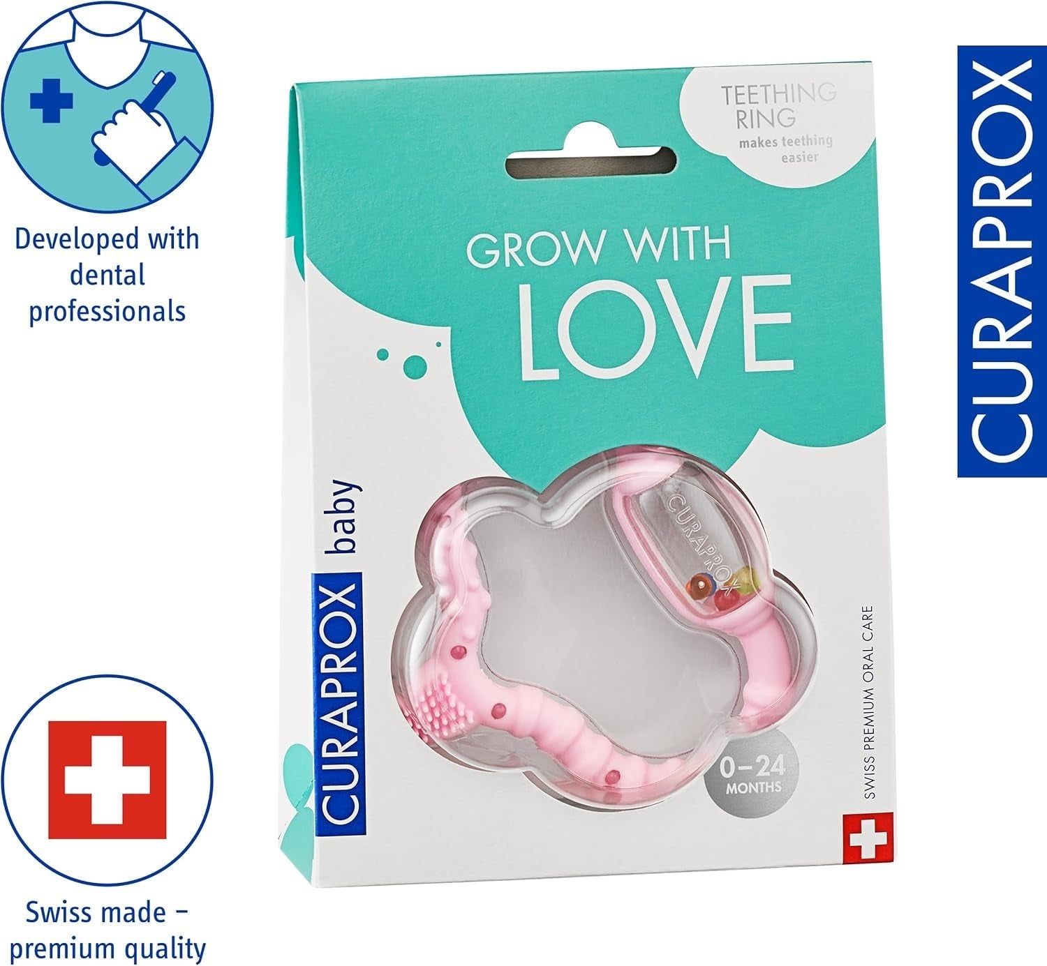 Anello da dentizione Curaprox per neonati - Per bambini da 0 a 24 mesi/Allevia il dolore dei denti e promuove le abilità motorie | Senza BPA, Rosa, con spazzolino da allenamento/Prodotto in Svizzera
