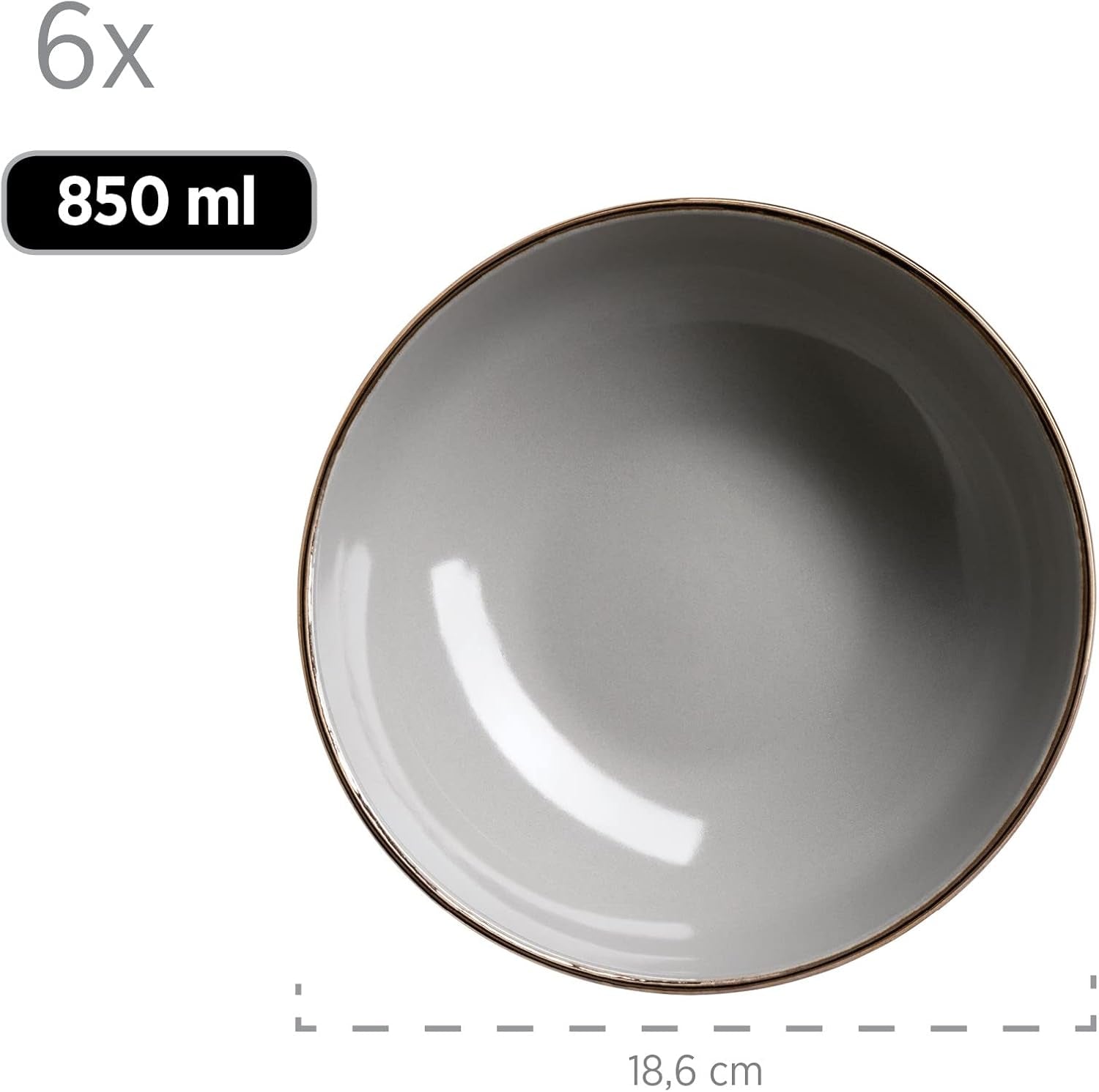 MÄSER Struttura in metallo, Set di stoviglie moderno per 6 persone con struttura color ottone, Servizio combinato da 24 pezzi con forme di tazze senza bordo, Gres, Grigio