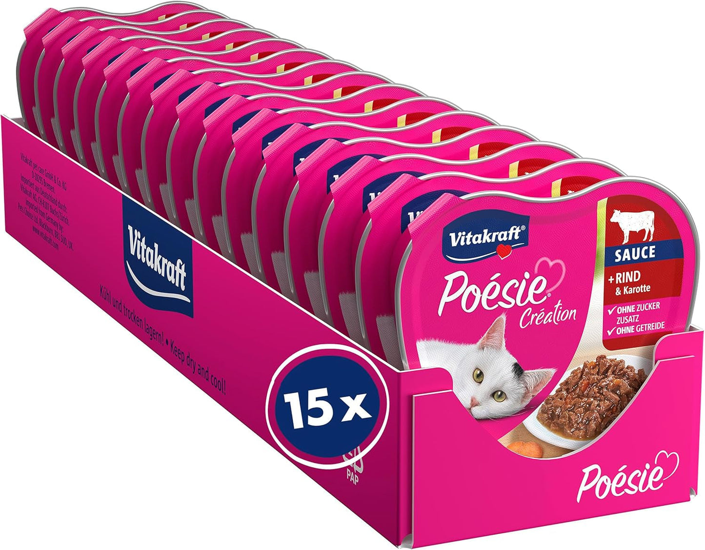 Vitakraft Poésie Création, cibo umido per gatti, cibo umido in salsa, con manzo e carota, confezione sfusa, senza zuccheri o cereali aggiunti (15 x 85 g)