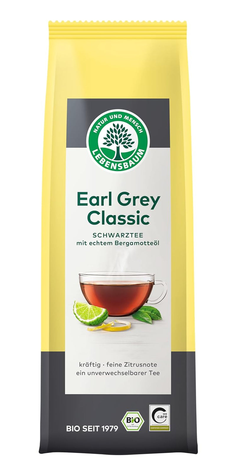 Tè nero classico Lebensbaum Earl Grey con olio naturale di bergamotto e limone, armonico, aromatico, 100% biologico, sfuso, 100g