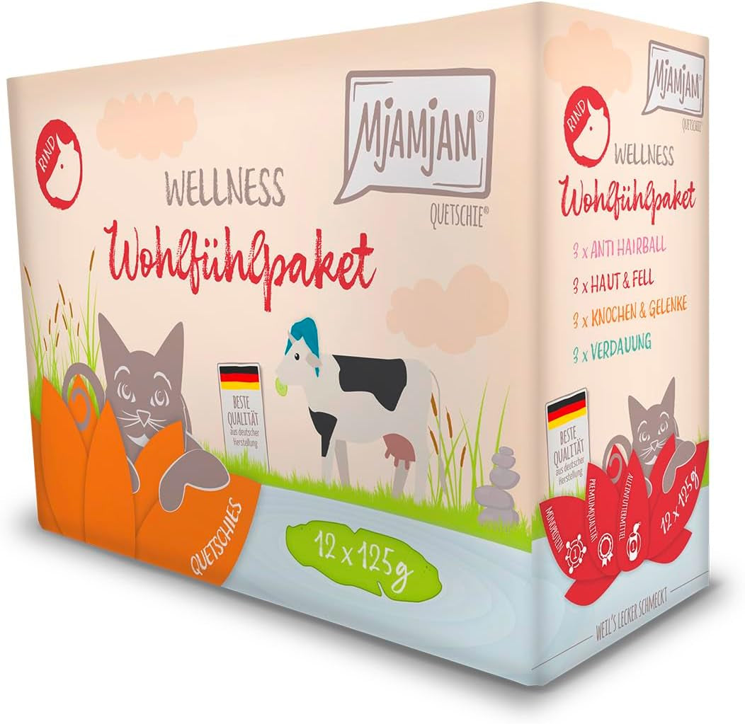 MjAMjAM - Cibo umido premium per gatti - Pacchetto benessere Manzo, confezione da 12 (12 x 125 g), senza cereali con carne extra