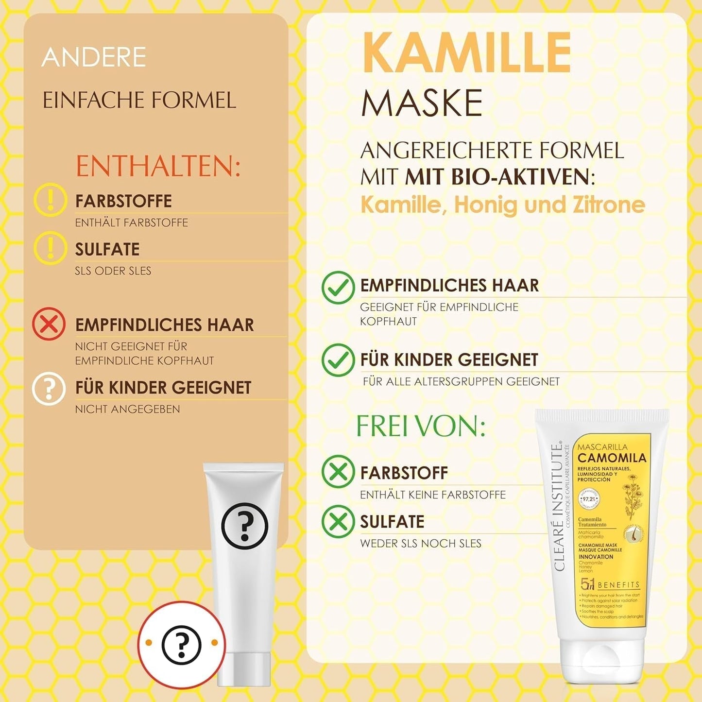 Istituto Clearé | Maschera alla camomilla | Nutre, condiziona e districa | Splendore e splendore dorati | 97% ingredienti naturali | Lenisce il cuoio capelluto Con estratto di camomilla | Maschera per capelli Naty Shop da 150 ml