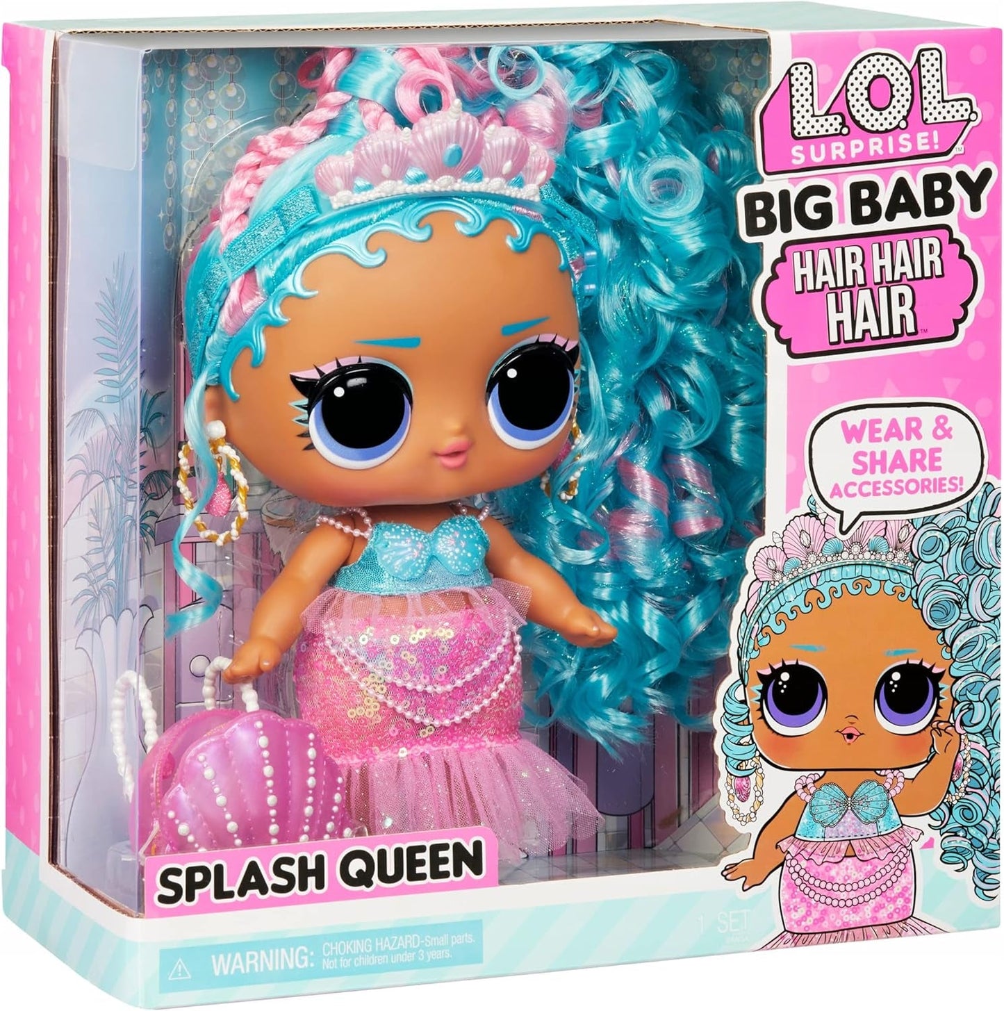 LOL. Sorpresa! Big Baby Hair Hair Hair – SPLASH QUEEN – 27,94 cm große Puppe mit 14 Überraschungen, Accessori zum Teilen und echten Haaren – Für Kinder und Sammler ab 4 Jahren