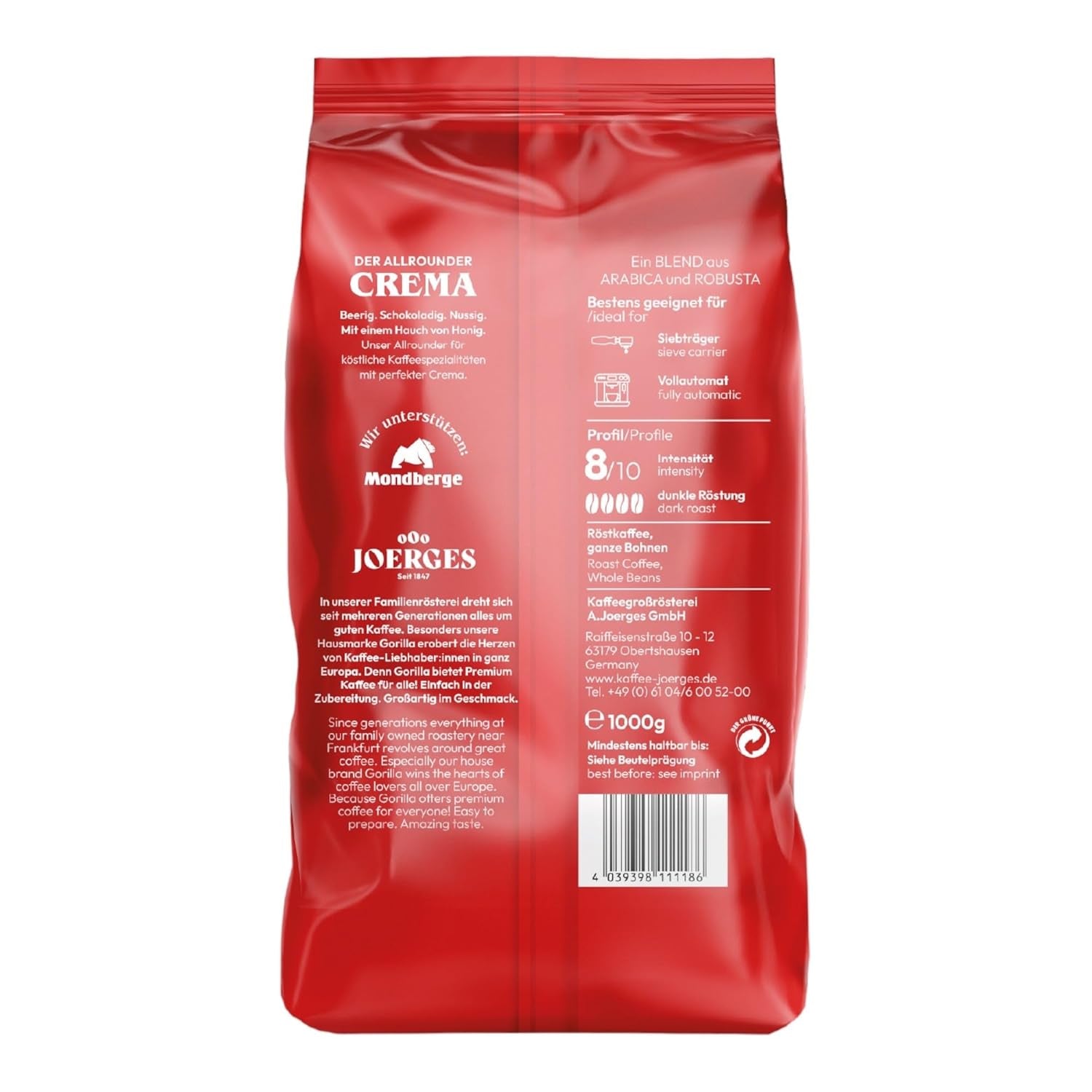 Joerges Espresso Gorilla Super Bar Crema di caffè in grani, confezione da 5 (5 x 1 kg)
