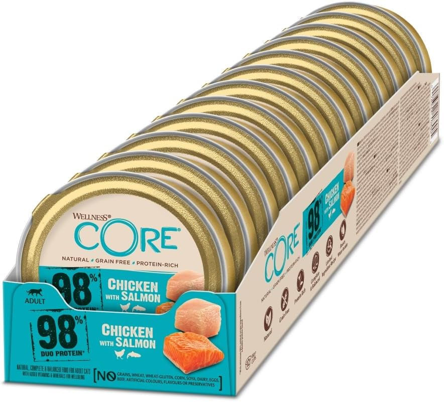 Wellness CORE 98% 12 x 85g, Pollo e Salmone - Cibo umido per gatti, patè denso, senza cereali, naturale, ipoallergenico, ricco di proteine, ricco di carne