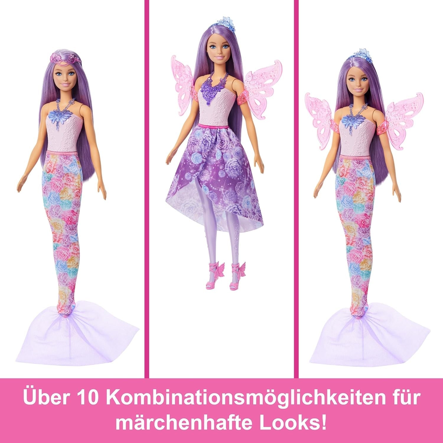 Barbie Doll 3-in-1 Playset con 8 accessori tra cui coda da sirena, ali di fata, collane reali, scarpe e altro per 10+ look diversi, JCP74