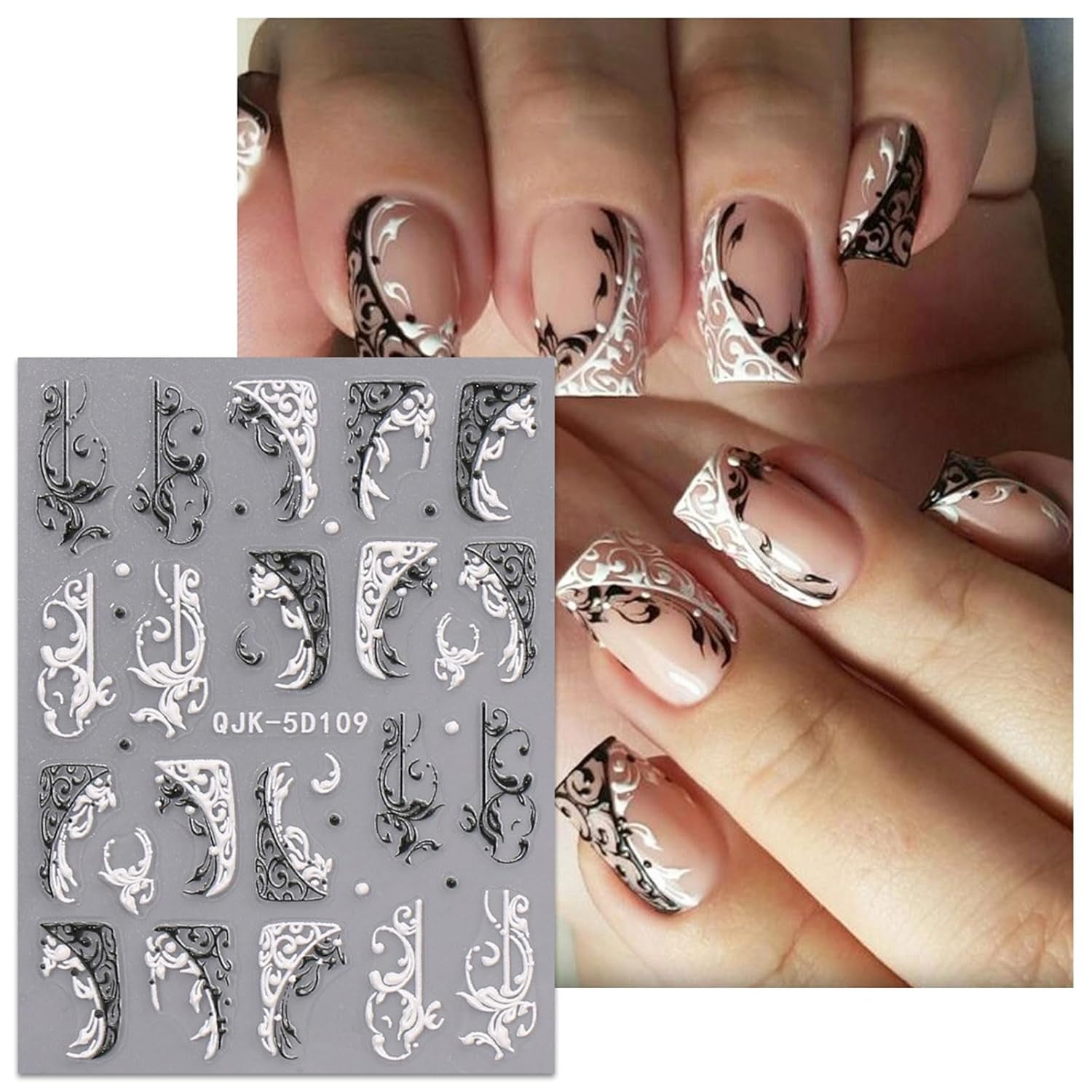 JMEOWIO 3D Nagelsticker Schwarz Weiß Blume Nail Art Sticker Self-klebend Nagelaufkleber 5D Stereoscopic Blumen Dekoration Nageldesign Zubehör 4 Blatt
