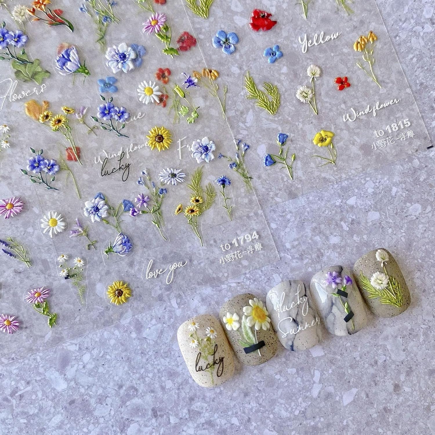 JMEOWIO 3D Nagelsticker Bunte Blumen Nail Art Sticker Self-klebend Nagelaufkleber 5D Stereoscopico Frühlings Summer Blumen Dekoration Nageldesign Zubehör 2 Blatt