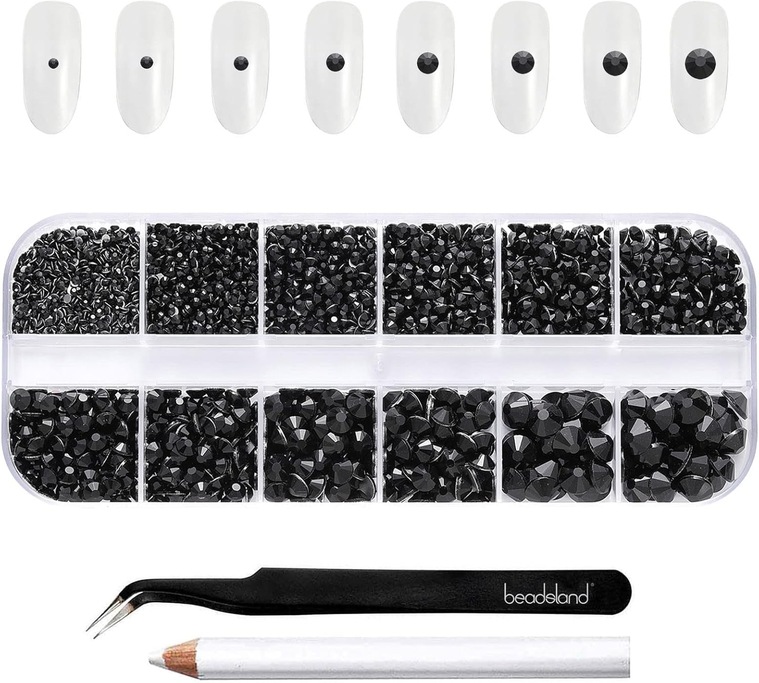 Beadsland 2500 pezzi di vetro per nail art strasssteine ​​​​Kristall Flatback Edelsteine ​​​​Runde, ​​für Handwerk Gemischt 8 Größen SS4 ~ SS30 con picking Pinzette e Stift (Kristall Weiss)