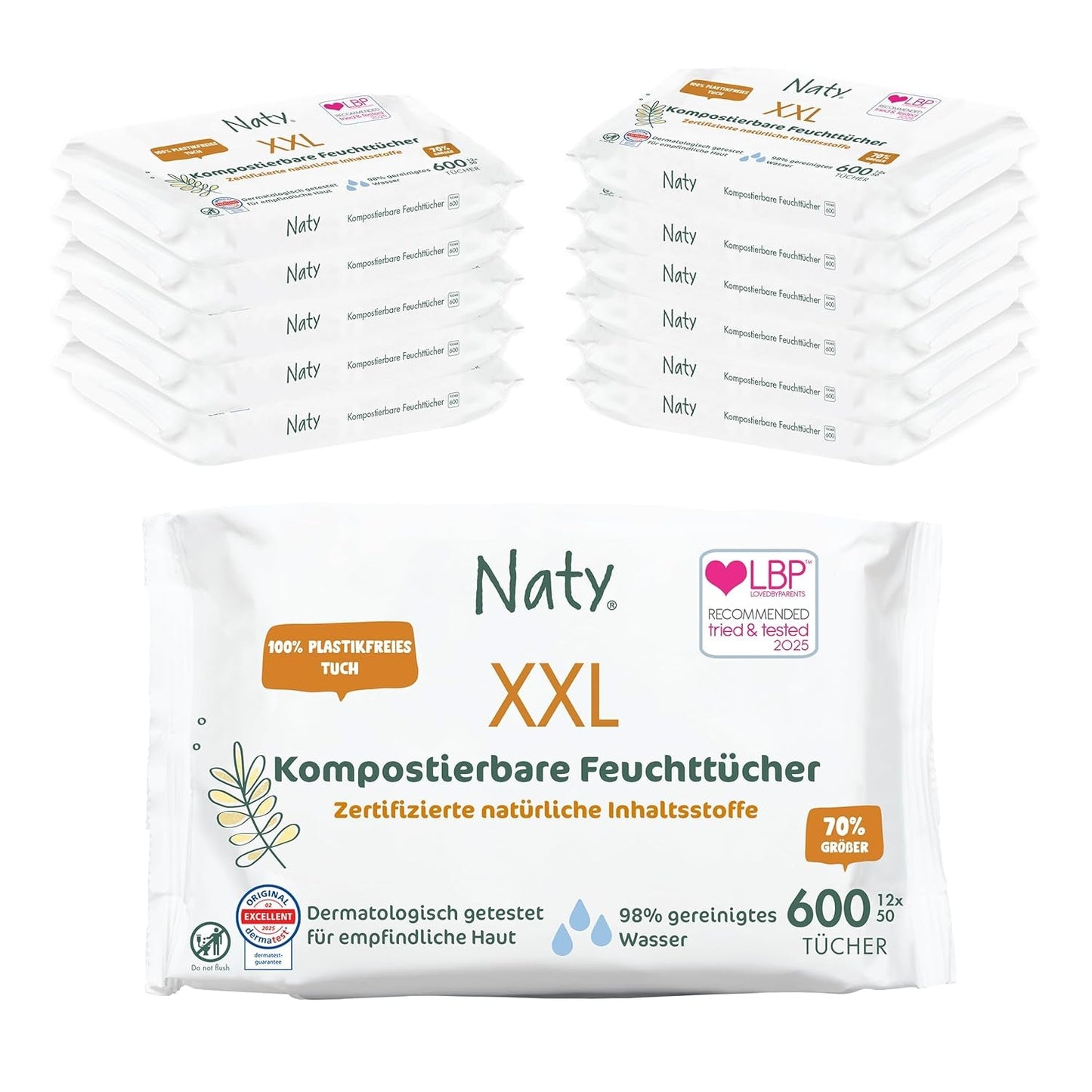 Salviette per neonati Naty | 100% privo di erbe e profumi per pelli sensibili | Salviette compostabili senza plastica e certificate con acqua purificata al 98% | 672 salviette (12 confezioni)