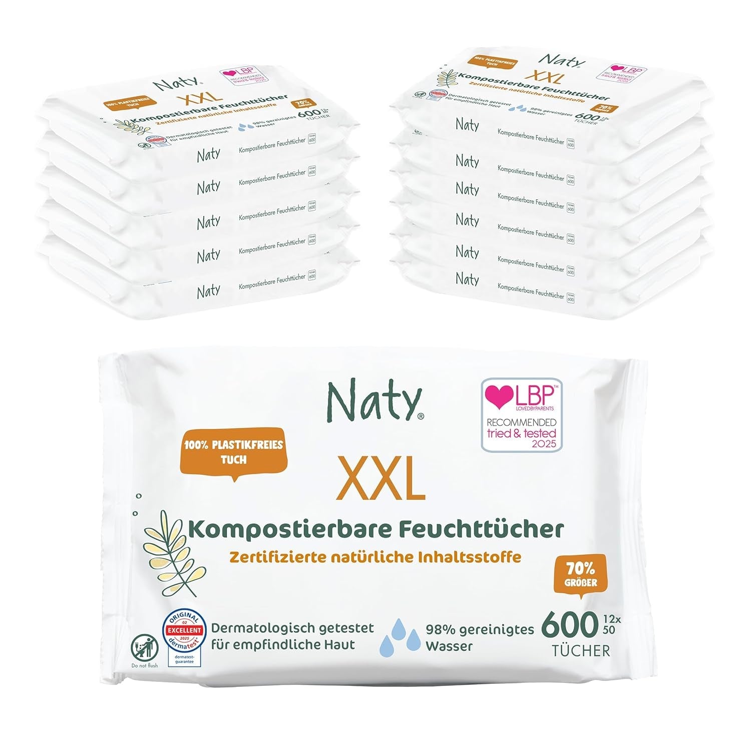 Salviette per neonati Naty | 100% privo di erbe e profumi per pelli sensibili | Salviette compostabili senza plastica e certificate con acqua purificata al 98% | 672 salviette (12 confezioni)