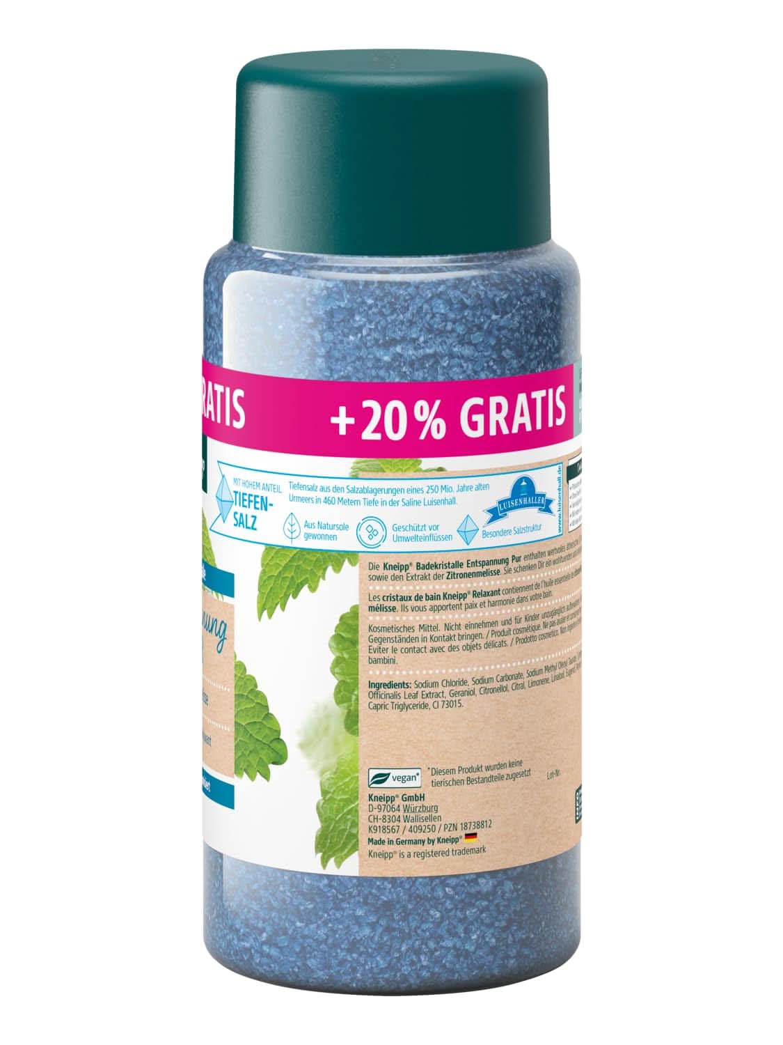 Cristalli da bagno Kneipp puro relax - formato speciale - con sale naturale Luisenhall sale profondo e olio essenziale di melissa indiana ed estratto di melissa edizione limitata 720G Naty Shop Doccia e bagno