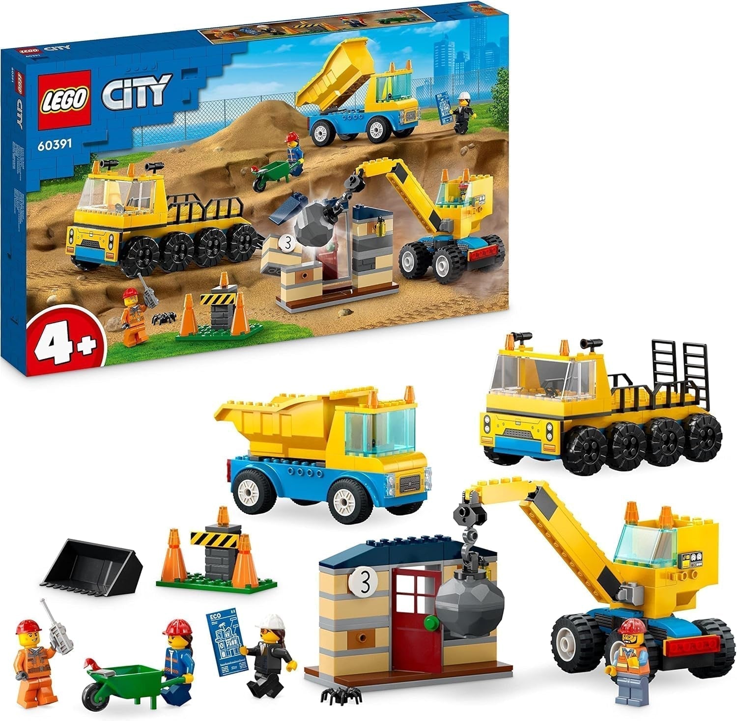 LEGO City 60391 Veicoli da costruzione e gru da demolizione, escavatore, autocarro con cassone ribaltabile e veicolo da trasporto, giocattolo educativo per bambini dai 4 anni in su Set di costruzione Besuche den LEGO-Store Single