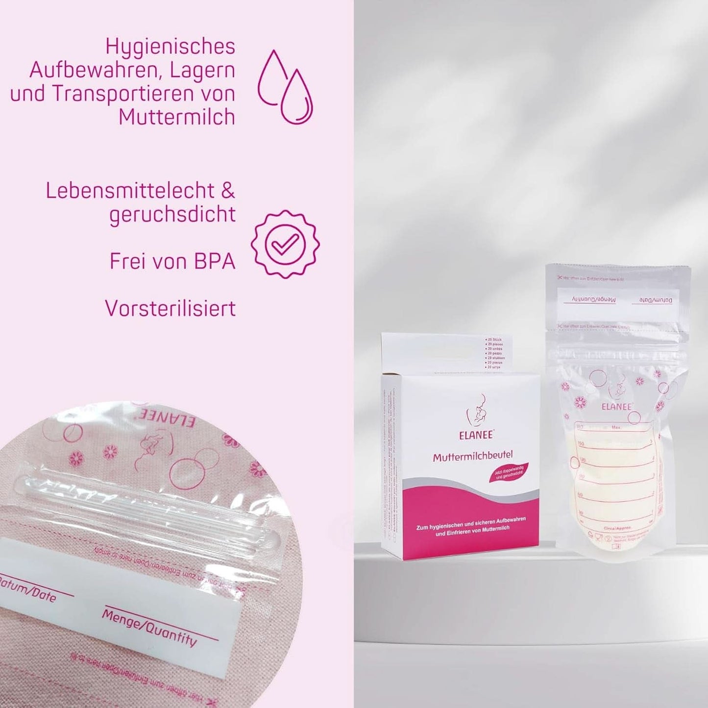 ELANEE Muttermilchbeutel, Aufbewahren & Einfrieren Von Muttermilch, Geschmackneutral Und Vorsterilisiert, Doppelter Sicherheitsverschluss, 20 Stück, Mit Standfuß (711-00) Accessori per alimenti per bambini e allattamento Naty Shop