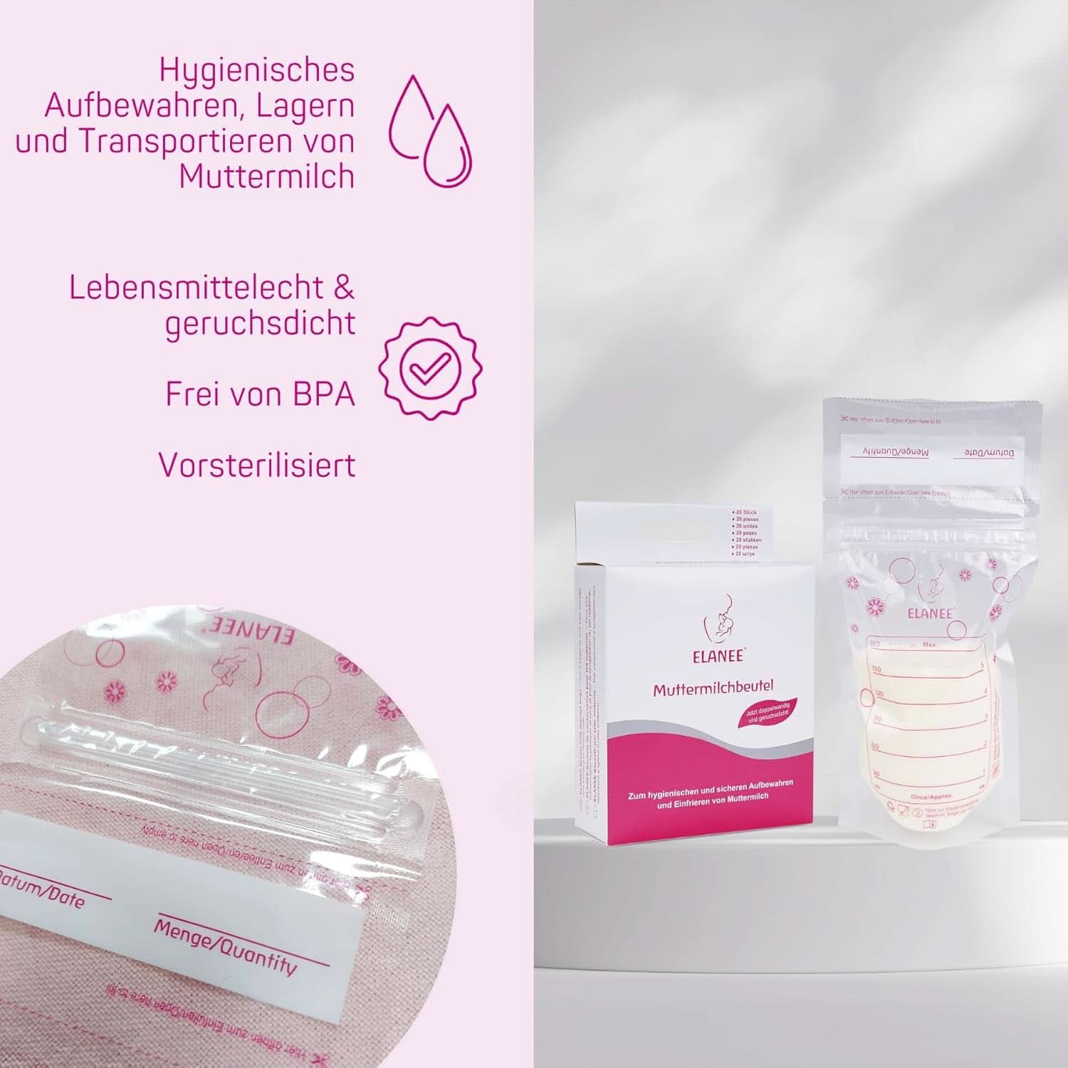 ELANEE Muttermilchbeutel, Aufbewahren & Einfrieren Von Muttermilch, Geschmackneutral Und Vorsterilisiert, Doppelter Sicherheitsverschluss, 20 Stück, Mit Standfuß (711-00) Accessori per alimenti per bambini e allattamento Naty Shop