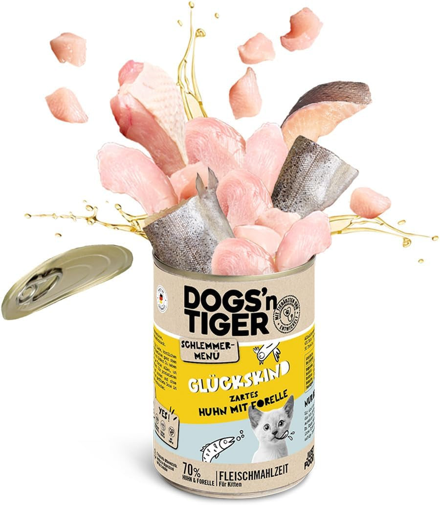Dogs'n Tiger Schlemmermenü Glückskind, Nassfutter für Kätzchen, saftiges Hun und Forelle - ohne Getreide, Zuckerzusatz, künstliche Konservierungsstoffe, optimizatione Verträglichkeit, 12x 200g