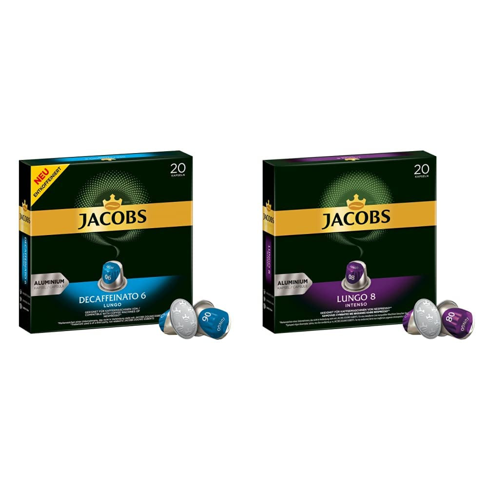Jacobs Kaffeekapseln Lungo Decaffeinato- Intensität 6, 10er Pack, 10 x 20 Getränke & Kaffeekapseln Lungo Intenso, Intensität 8 von 12, 200 Nespresso®* compatibile Kapseln, 10 x 20 Getränke