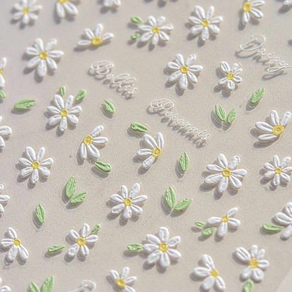 Adesivi per unghie Margherite bianche in rilievo 5D Adesivi per unghie Fiori Adesivi autoadesivi in ​​lamina di fiori Adesivi per nail art Margherite Accessori per la decorazione delle unghie Adesivi di design floreale Nail Art