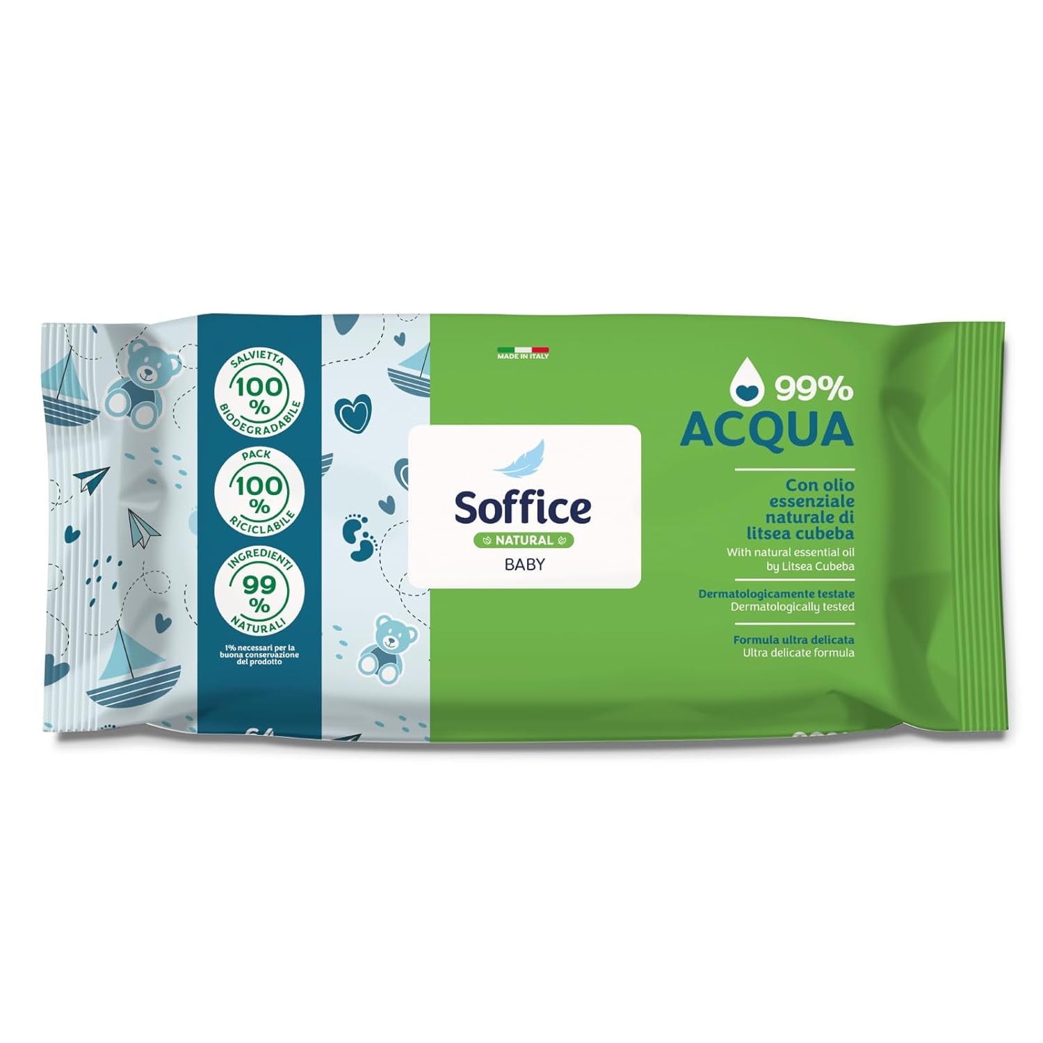Salviette umidificate detergenti naturali per neonati, 99% acqua, formula delicatissima per l'igiene quotidiana di bambini e neonati - 12 confezioni da 64 salviette