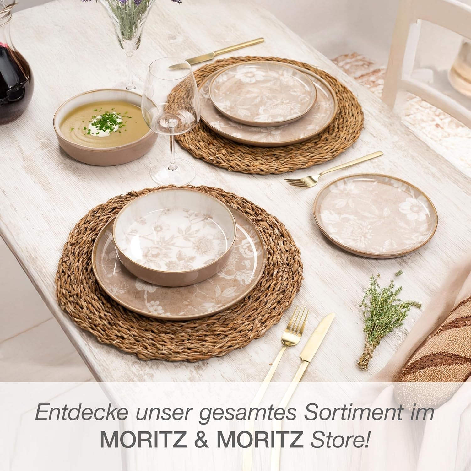 Moritz & Moritz MARIELLA Set di stoviglie in gres da 24 pezzi per 6 persone - Stoviglie moderne beige dal design giocoso, servizio da caffè di facile manutenzione con piatti, ciotole e tazze - Set combinato