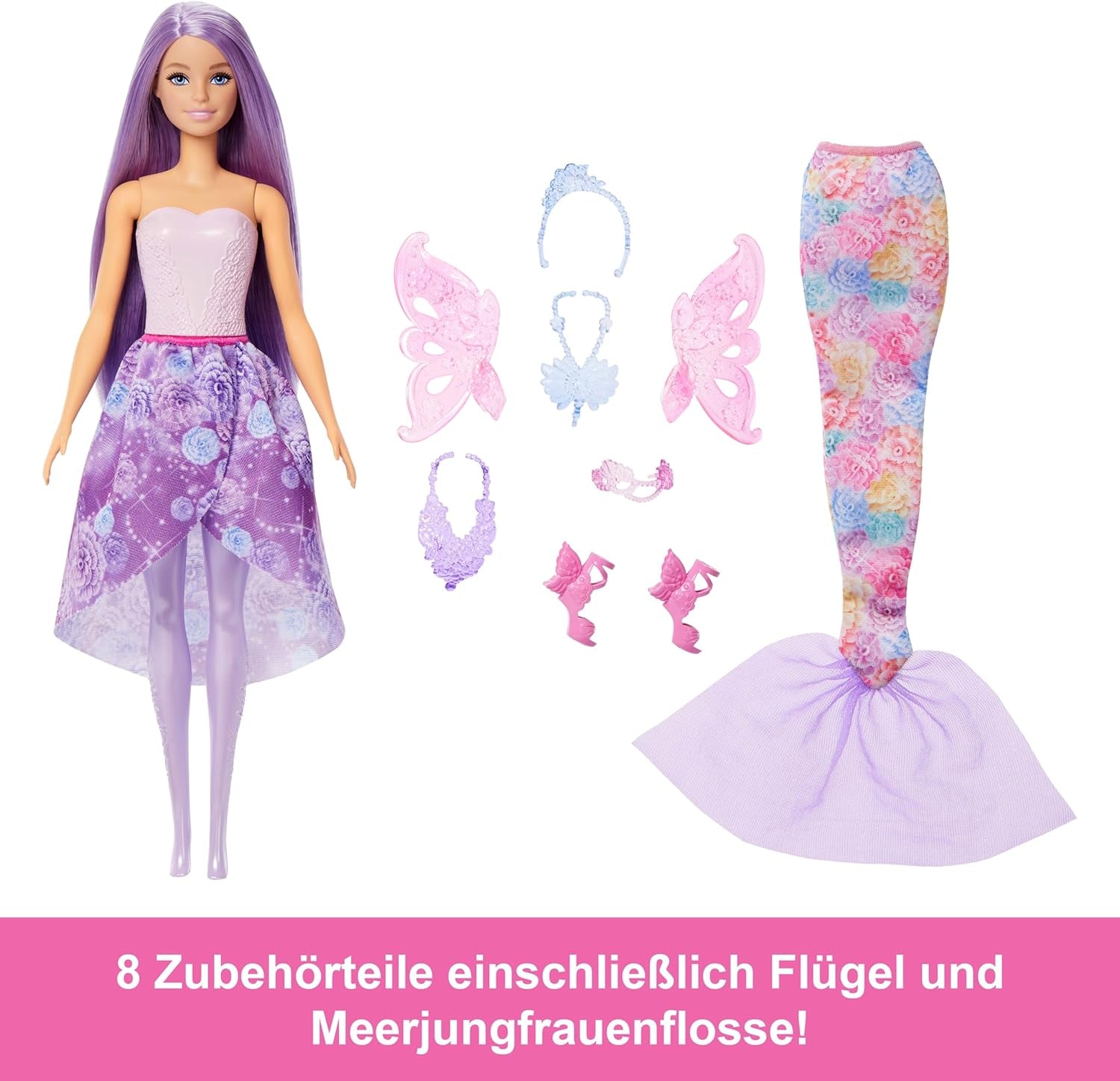 Barbie Doll 3-in-1 Playset con 8 accessori tra cui coda da sirena, ali di fata, collane reali, scarpe e altro per 10+ look diversi, JCP74